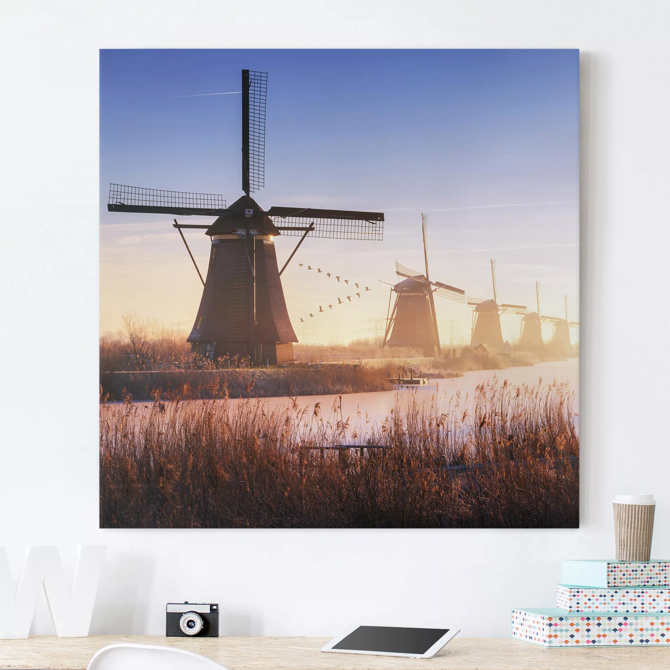 Leinwandbild Architektur & Skyline - Quadrat Windmühlen von Kinderdijk günstig online kaufen