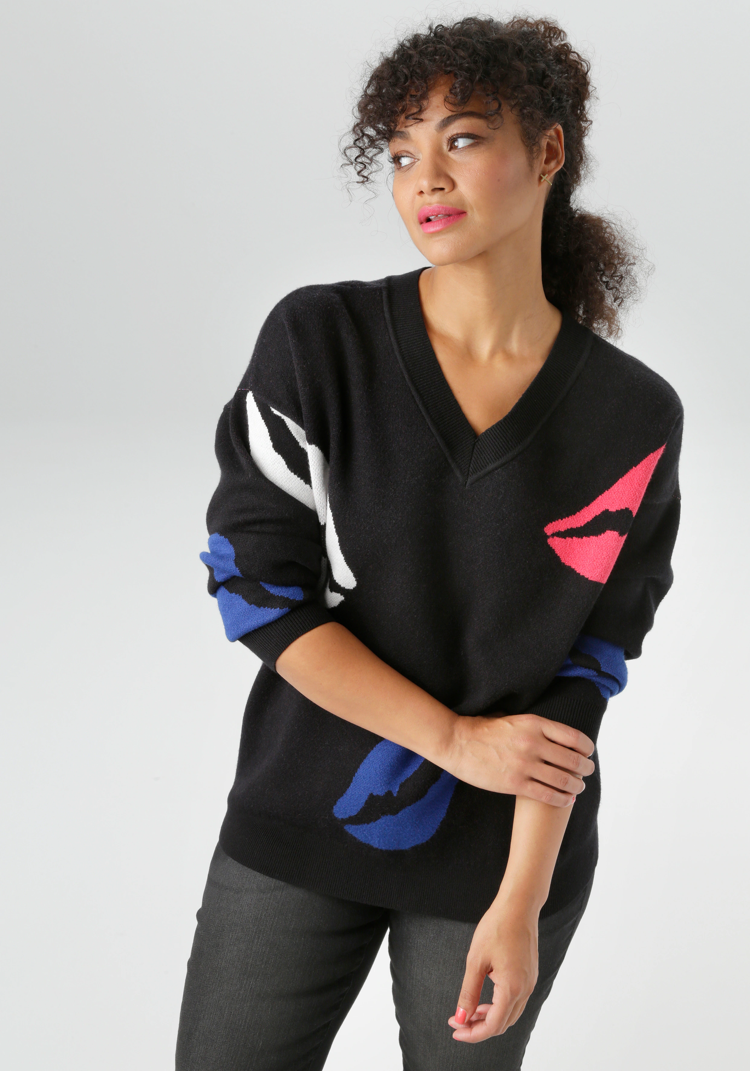 Aniston PLUS Strickpullover, mit eingestrickten farbigen Kussmündern - NEUE günstig online kaufen