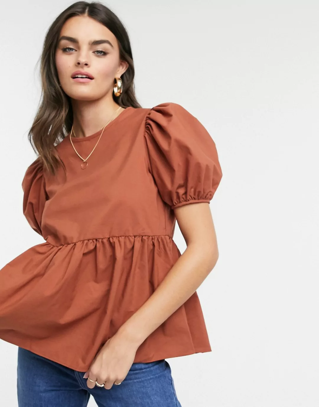 ASOS DESIGN – Baumwoll-T-Shirt mit Puffärmeln, in Rost-Orange günstig online kaufen