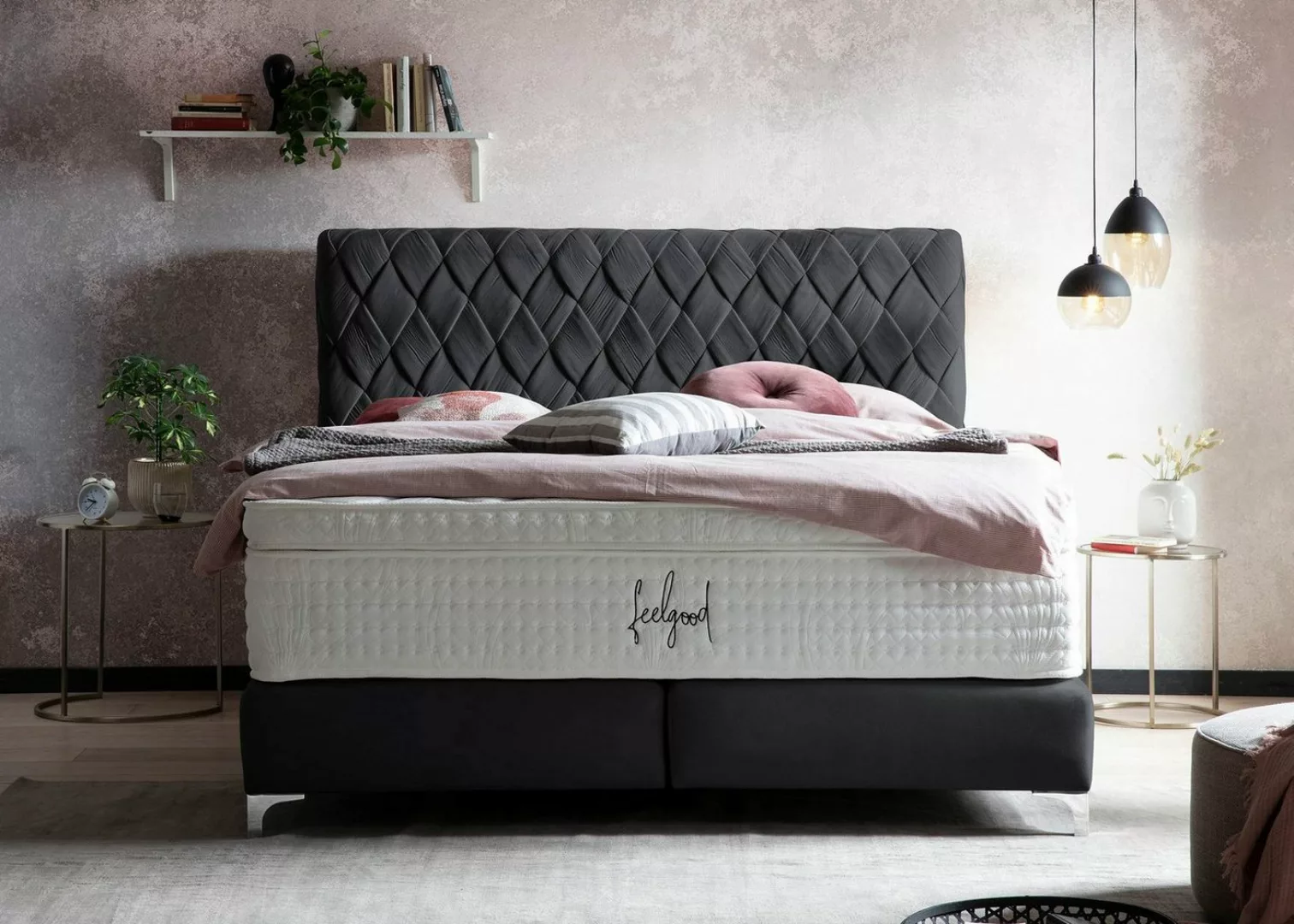 BettCo Boxspringbett Lyon (in Schwarz Velours, 200 x 200 cm), handgeflochte günstig online kaufen