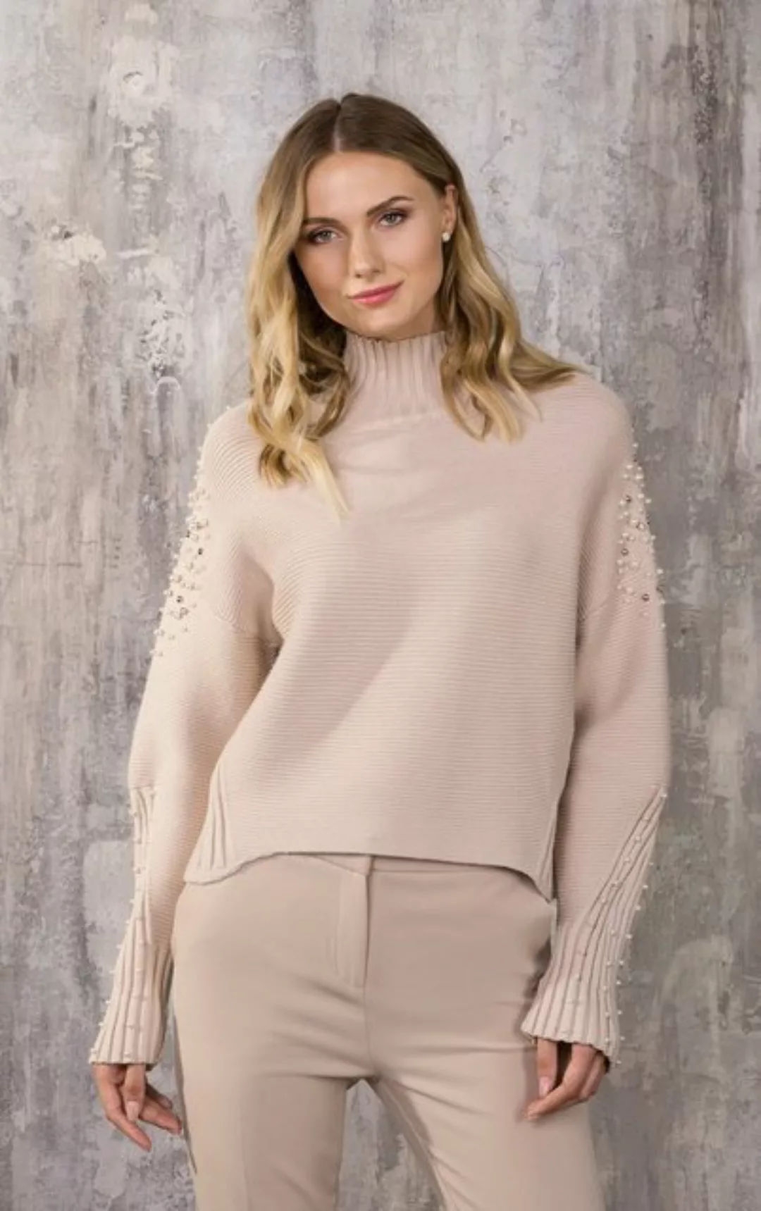 Passioni Rollkragenpullover Pullover in beige mit Stehkragen und Perlenverz günstig online kaufen