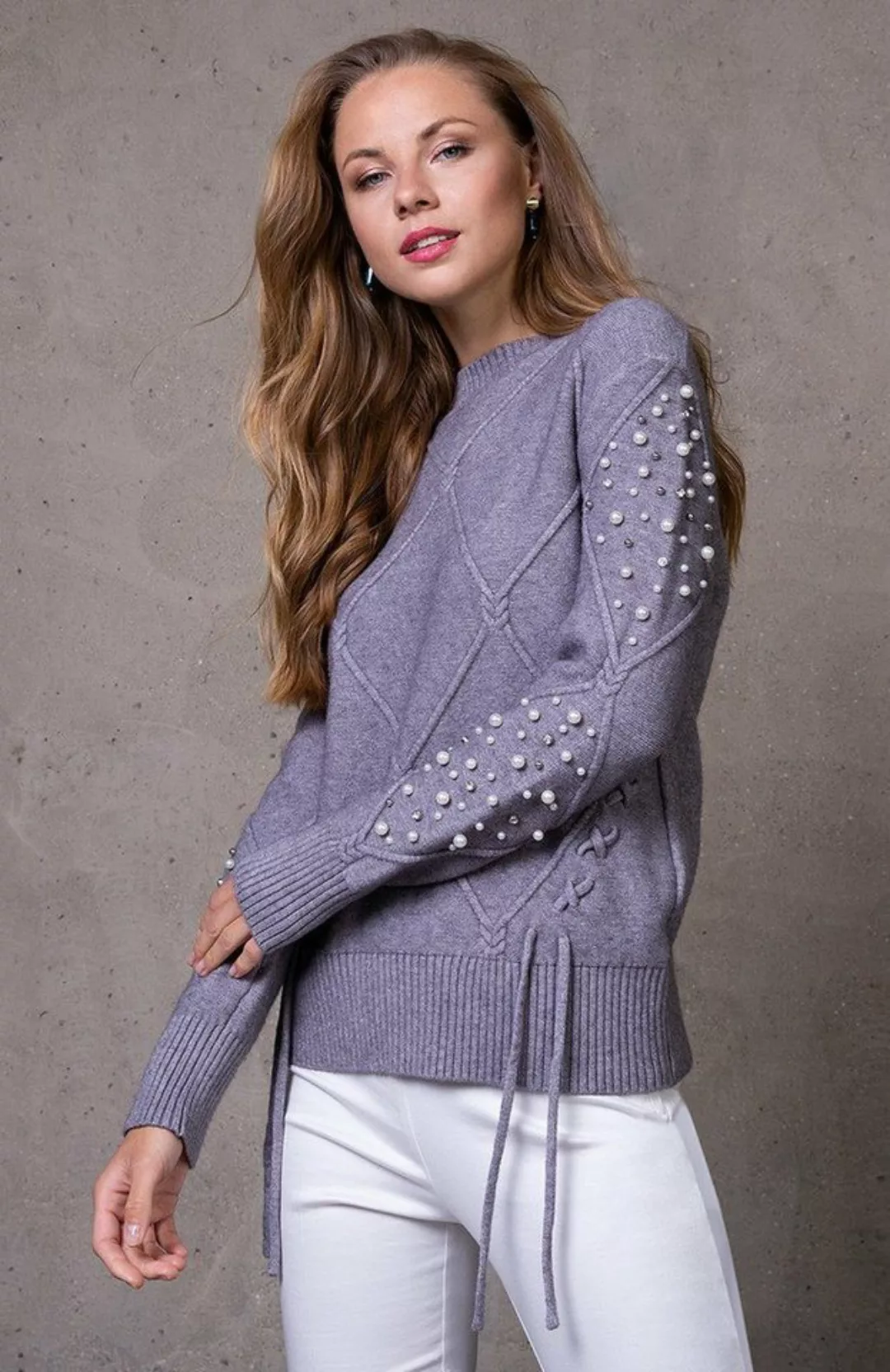 Passioni Strickpullover Pullover mit Strickmuster und raffinierter Schnürun günstig online kaufen