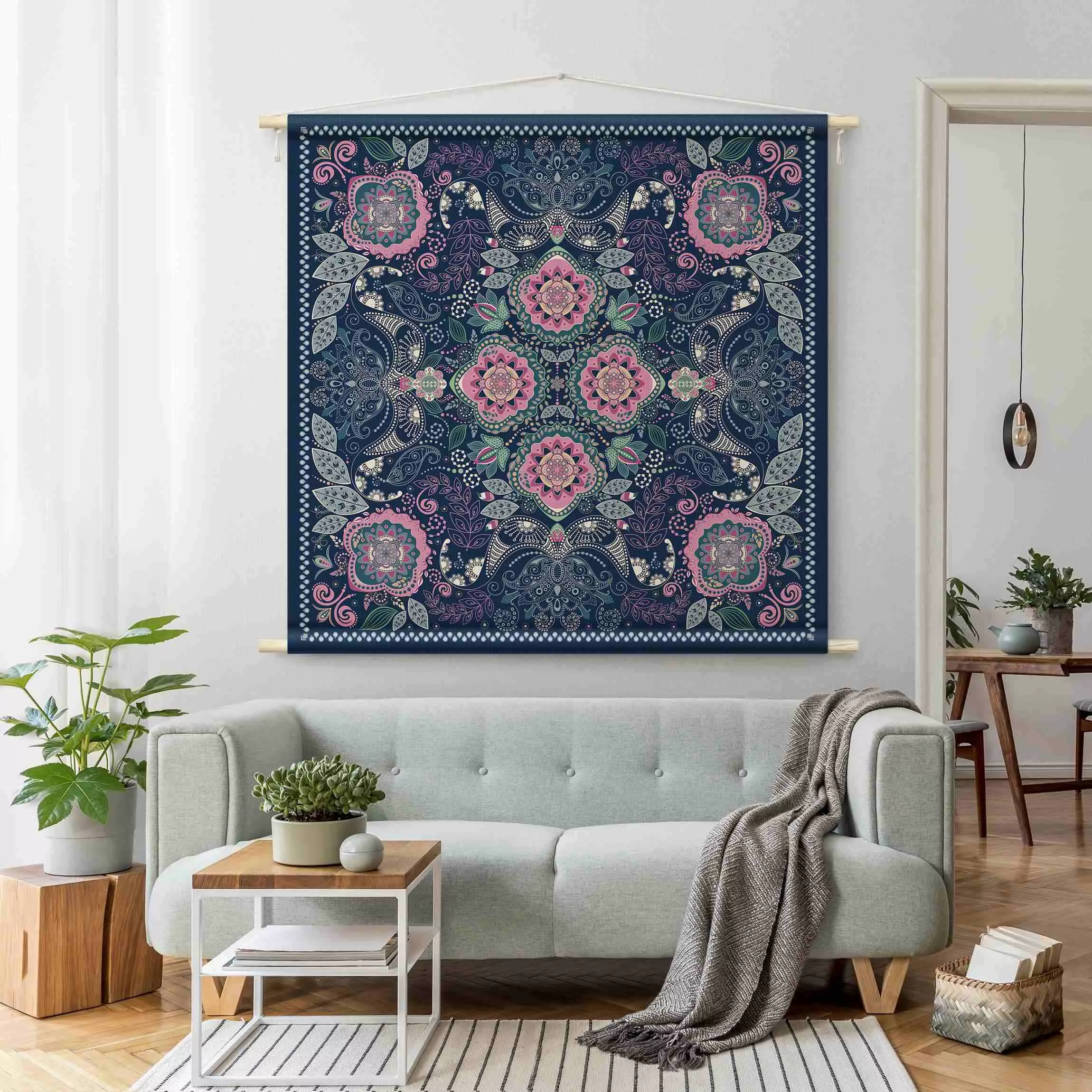 Wandteppich Detailliertes Boho Muster in Blau günstig online kaufen