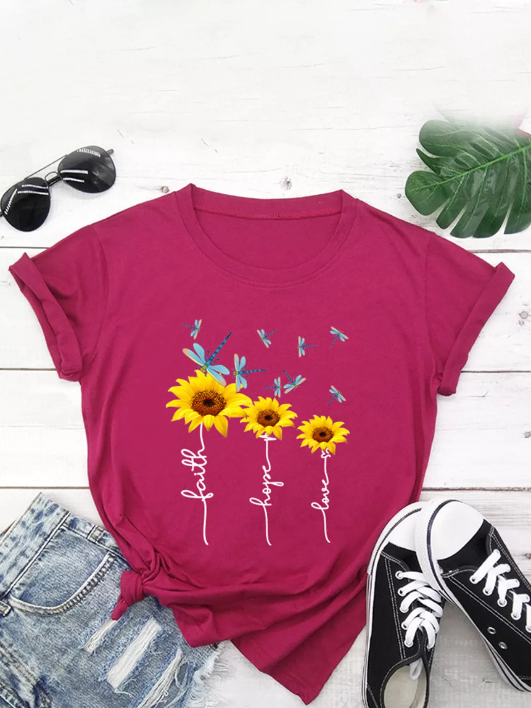 Kurzarm-T-Shirt mit O-Ausschnitt und Blumenmuster günstig online kaufen