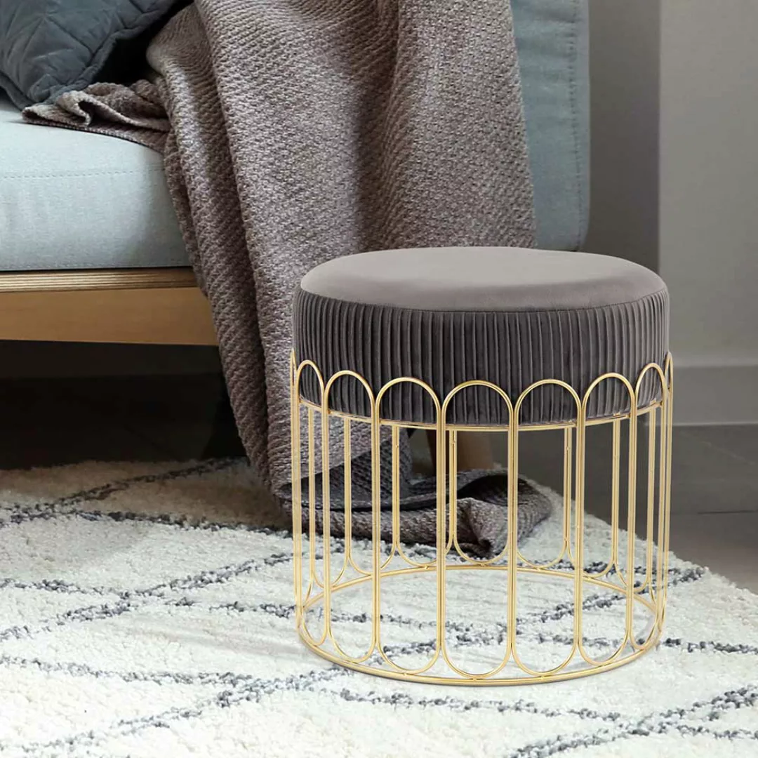 Retro Hocker in Grau Samt Drahtgestell in Goldfarben günstig online kaufen