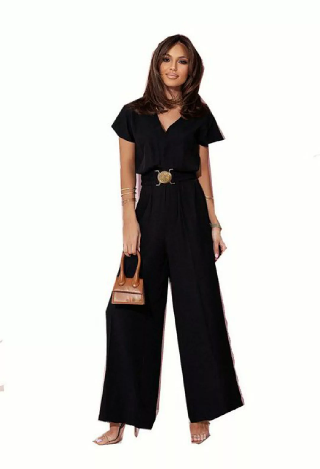 CHENIN 7/8-Overall Unifarbener Jumpsuit mit V-Ausschnitt und Taillengürtel günstig online kaufen