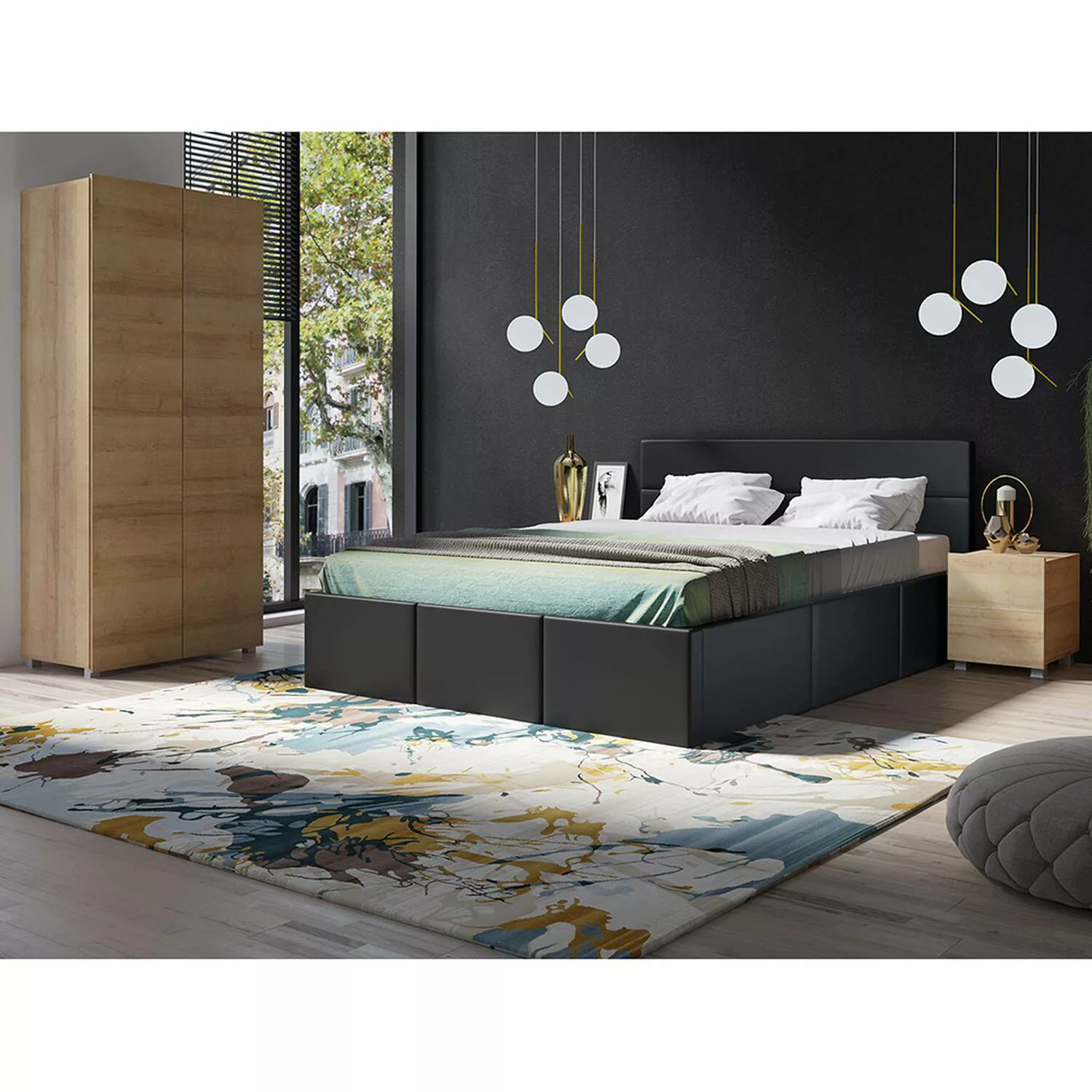 Schlafzimmer Set mit Polsterbett, 2 Nachttischen und Kleiderschrank in Eich günstig online kaufen