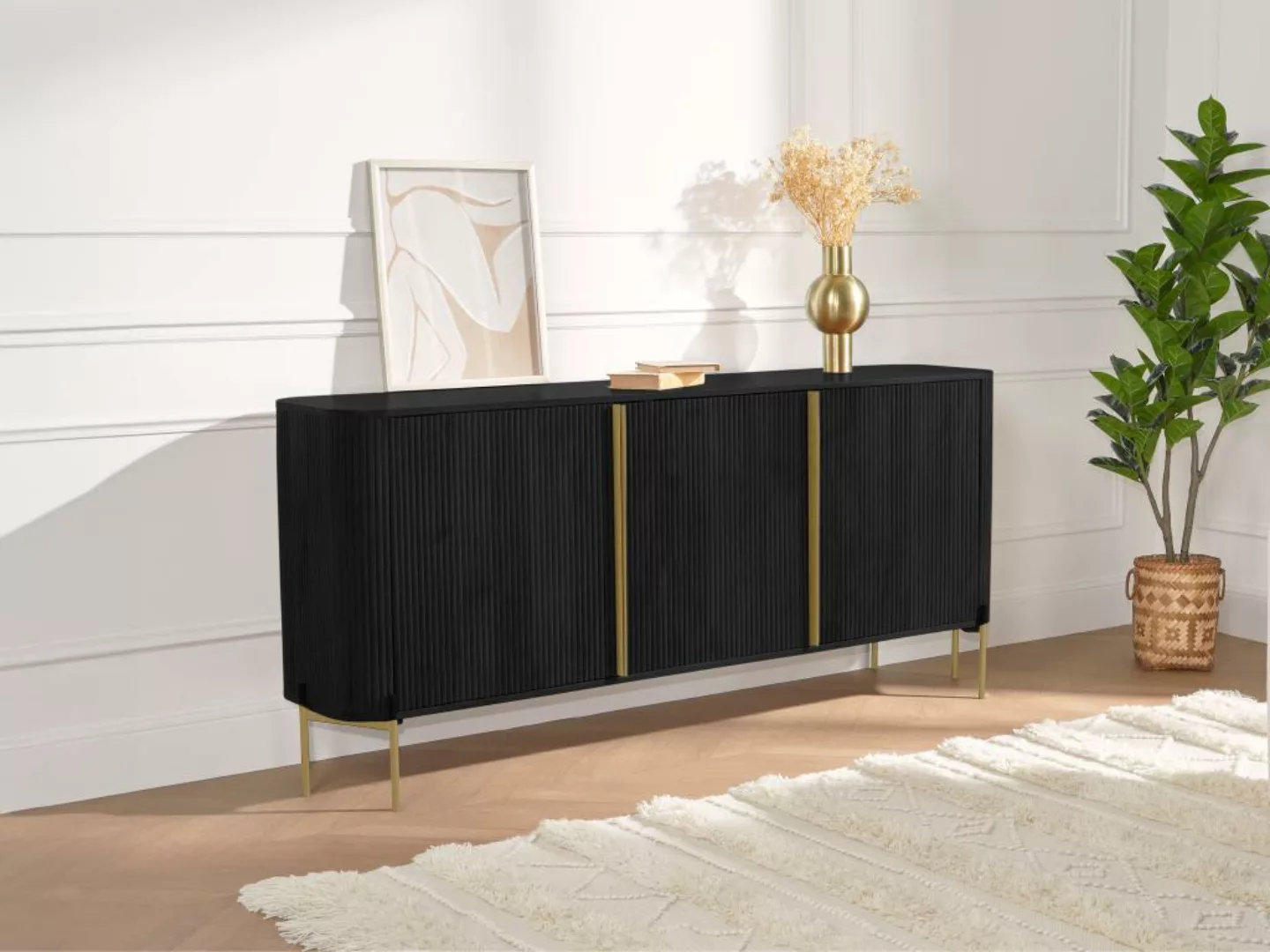 Sideboard mit 3 Türen - Mangoholz & Metall - Schwarz & Goldfarben - BALIMEL günstig online kaufen