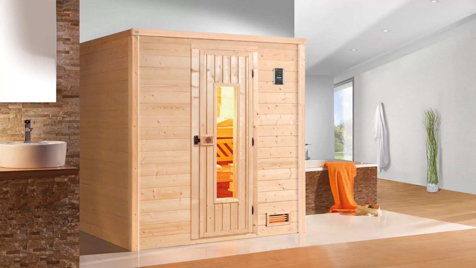 Weka Massivholzsauna Bergen 2 Sparset 5,4 kW Kompakt Holztür günstig online kaufen