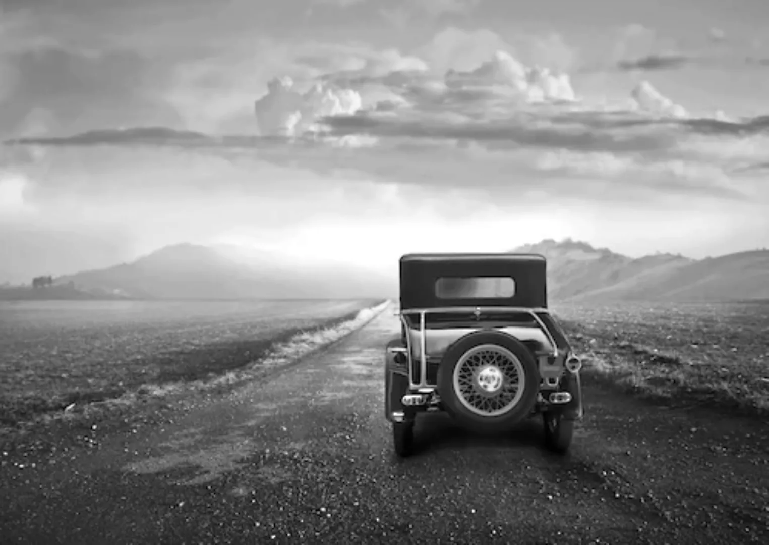Papermoon Fototapete »Landschaft mit Auto Schwarz Weiß« günstig online kaufen