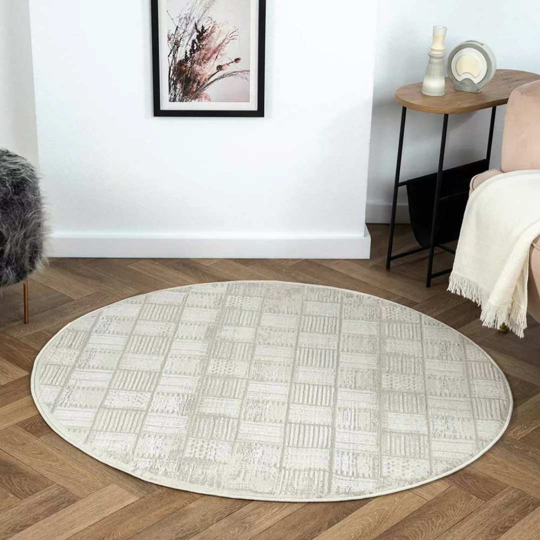 Kurzflor Teppich Kachelmuster in Creme und Beige 120 cm Durchmesser günstig online kaufen