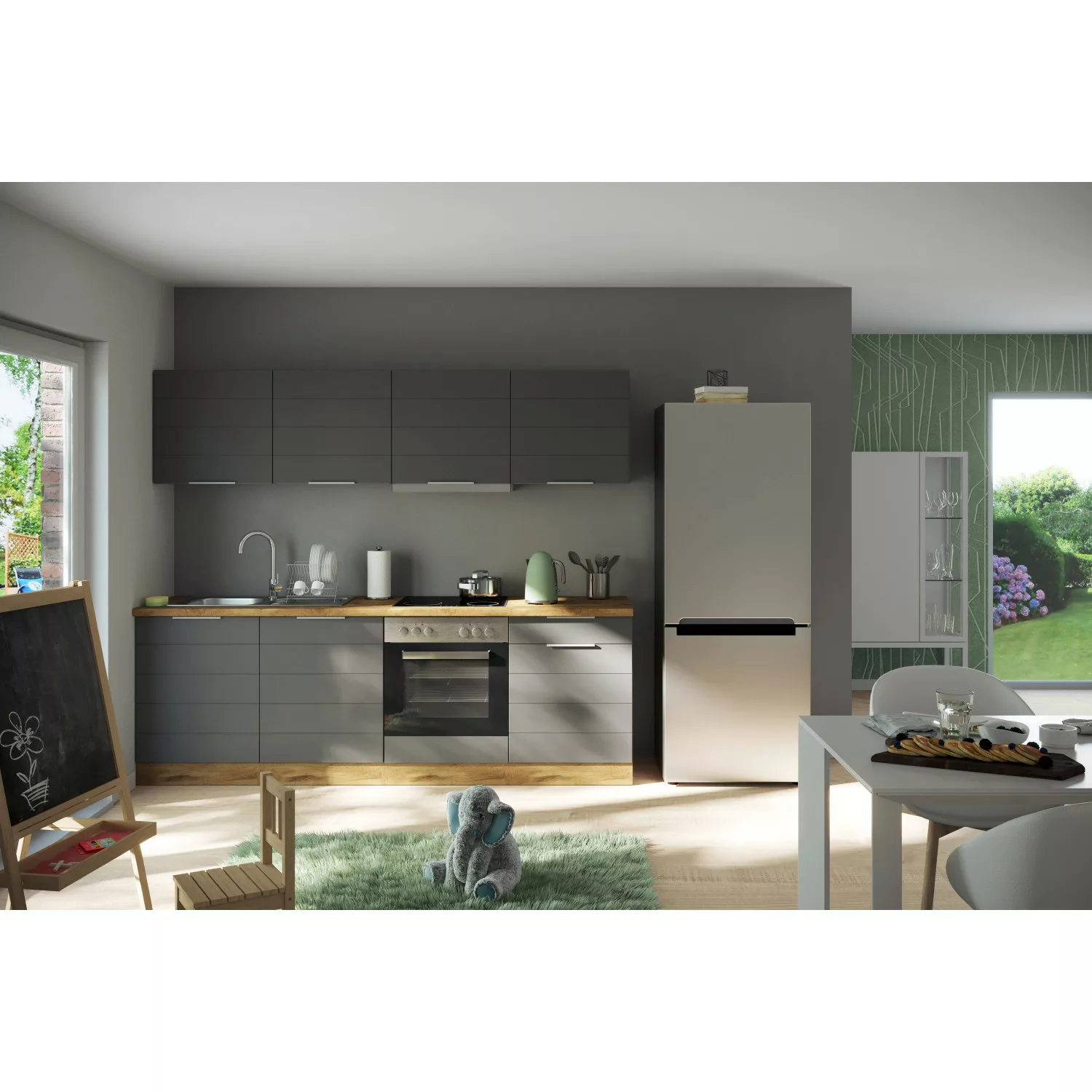 Held Möbel Küchenzeile 240 cm Matt Grau-Wotaneiche ohne E-Geräte günstig online kaufen