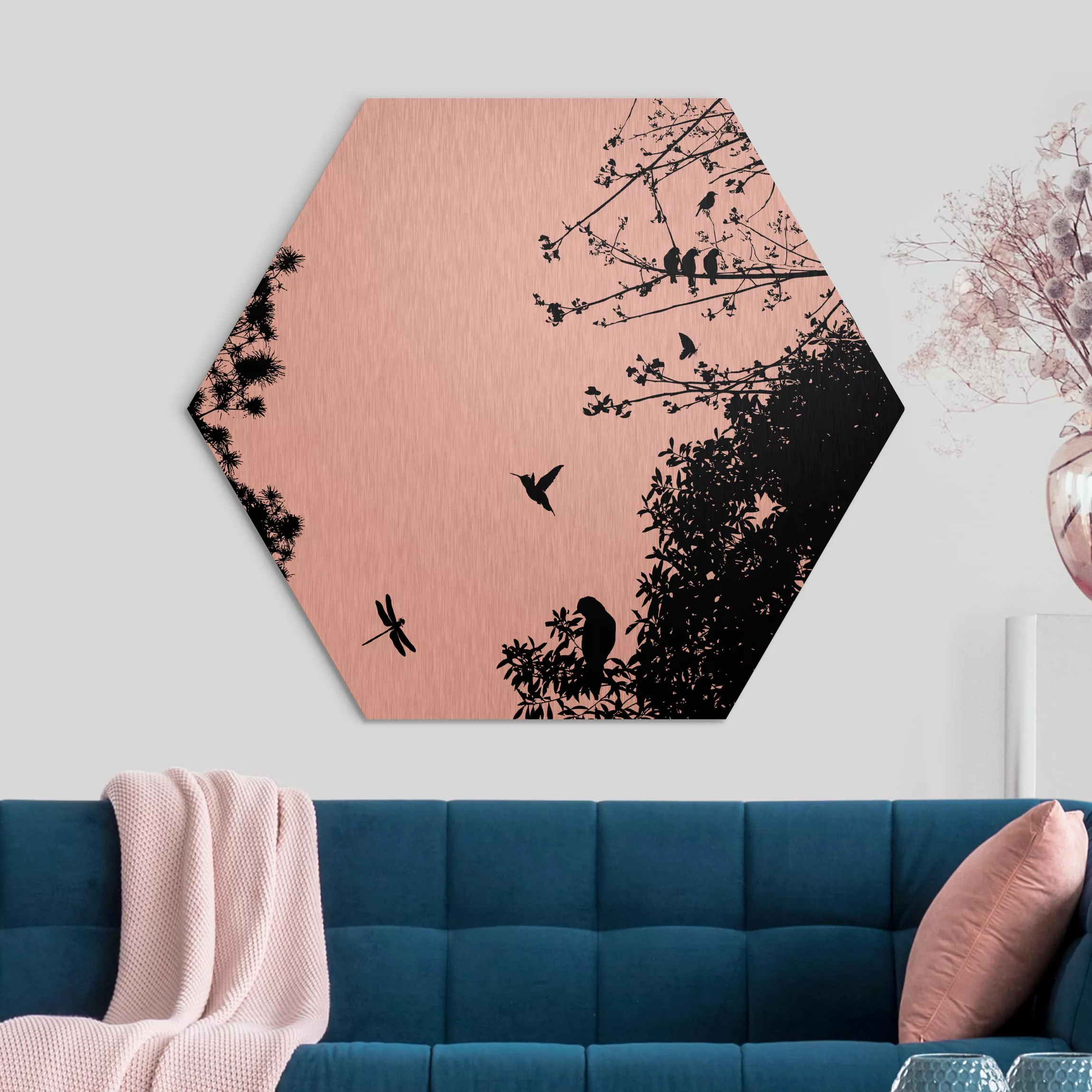 Hexagon-Alu-Dibond Bild Tiere Vintage Tree with Birds günstig online kaufen