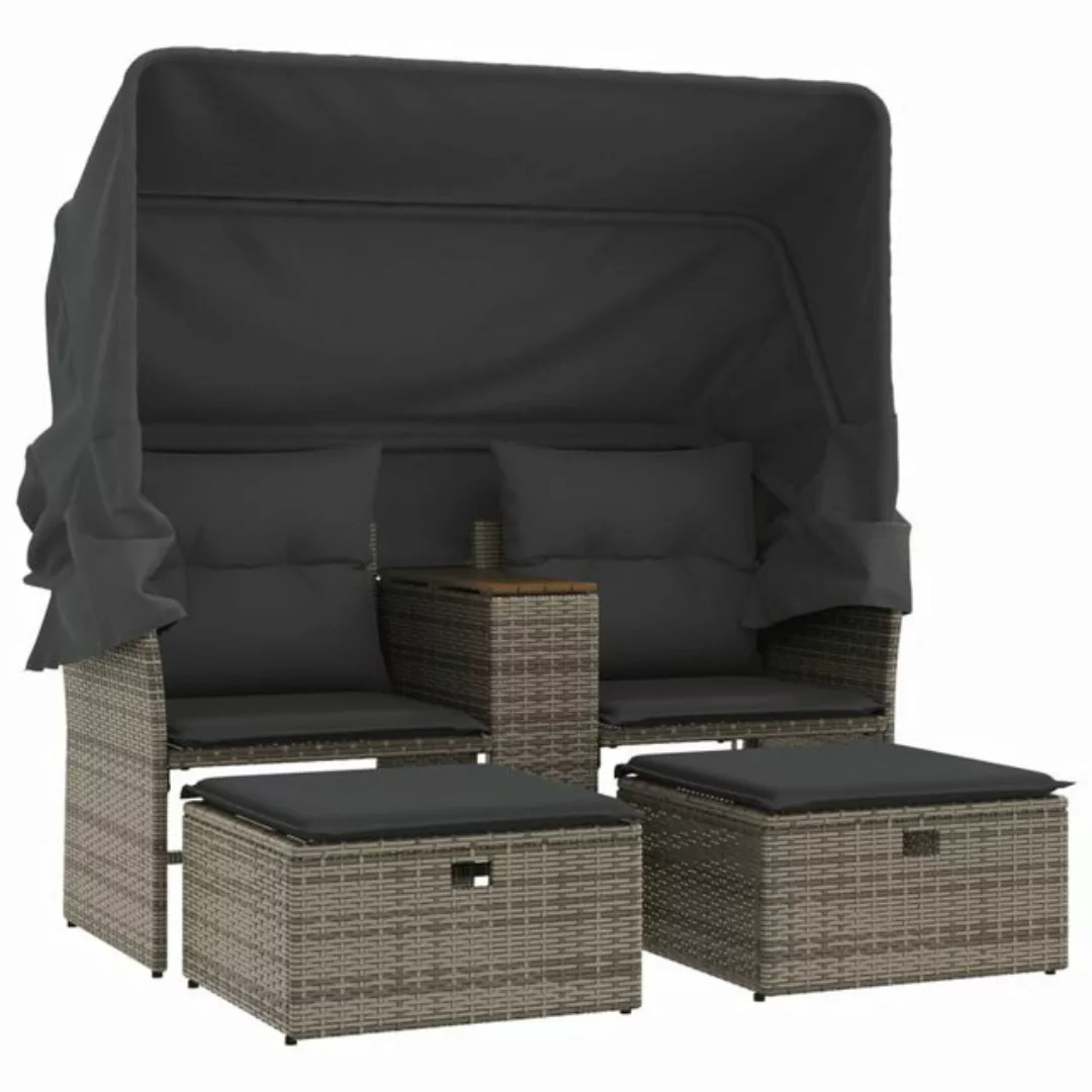 vidaXL Sofa, Gartensofa 2-Sitzer mit Dach und Hockern Grau Poly Rattan günstig online kaufen