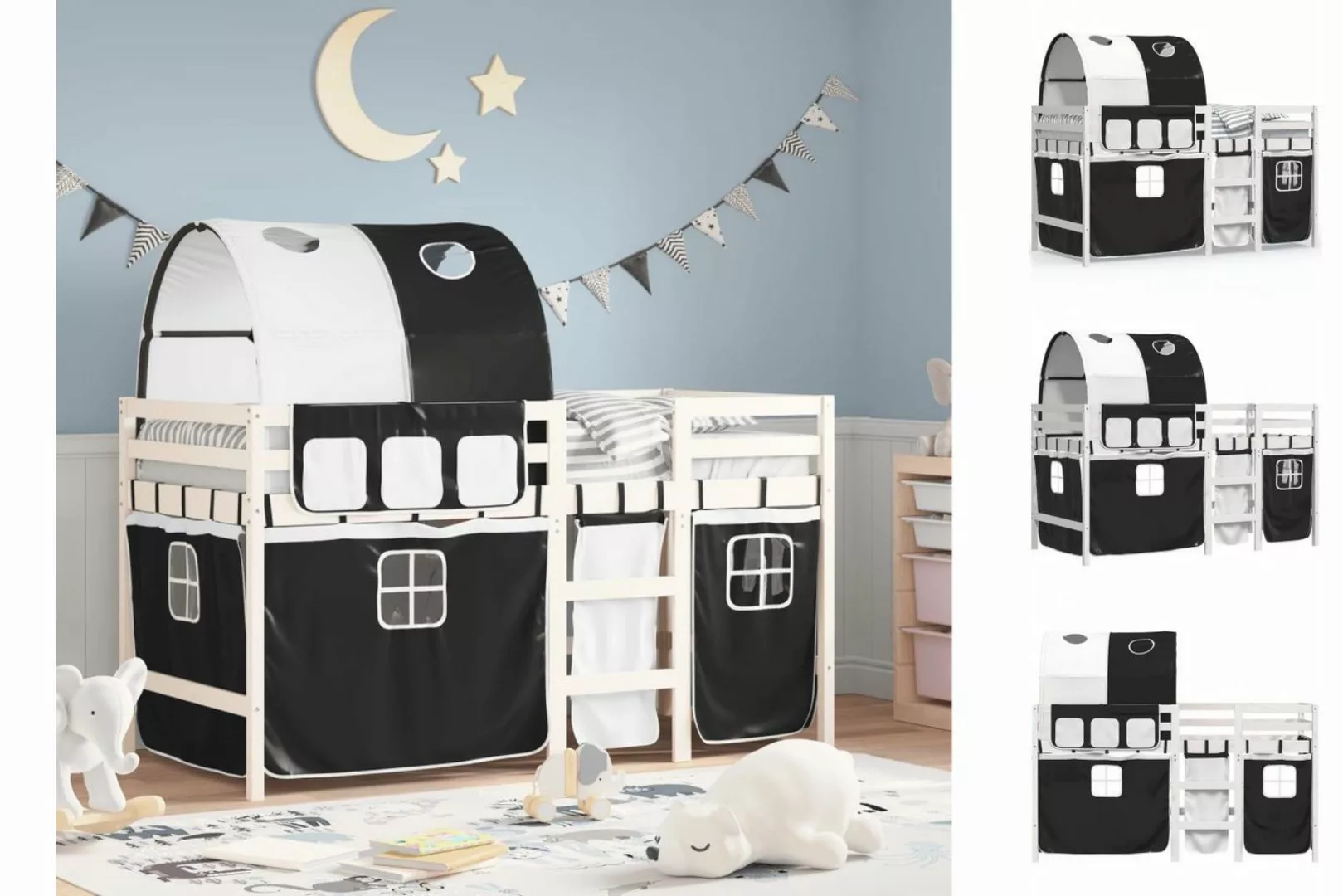 vidaXL Kinderbett Kinderhochbett mit Tunnel Weiß Schwarz 90x190 cm Kiefernh günstig online kaufen