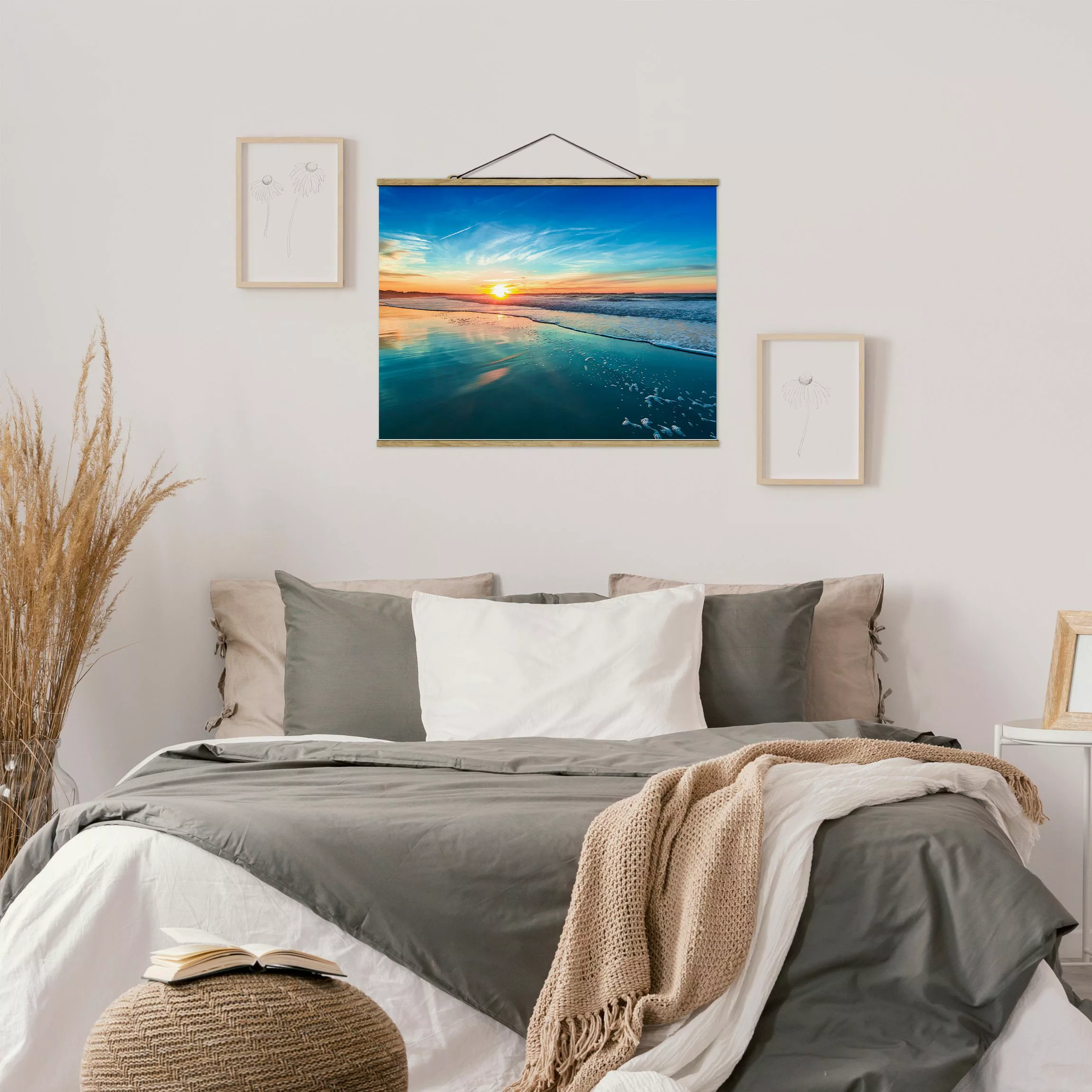 Stoffbild Strand mit Posterleisten - Querformat Romantischer Sonnenuntergan günstig online kaufen