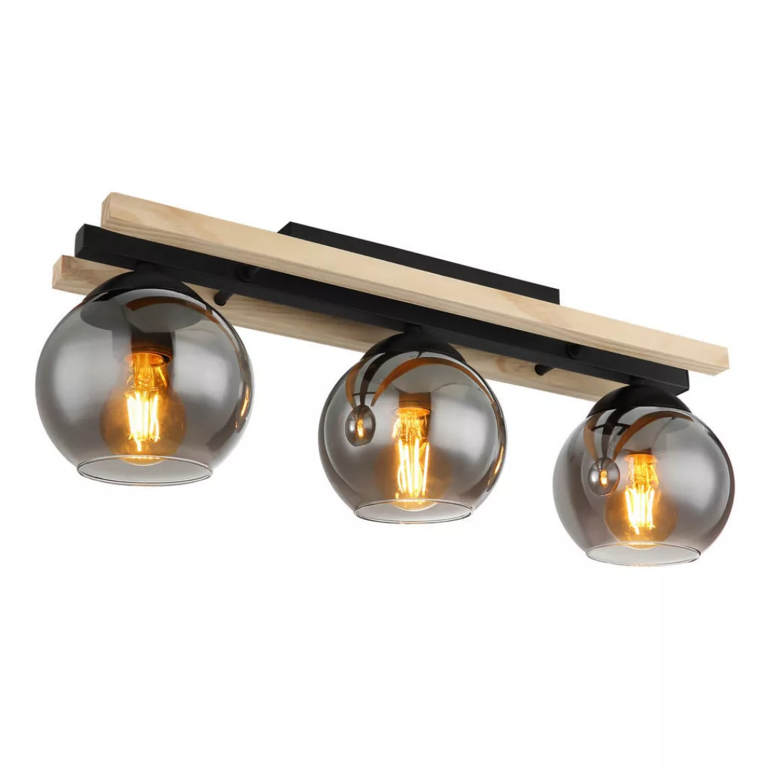 Deckenlampe Conni, Länge 60 cm, rauchgrau, Holz/Glas, 3-flg. günstig online kaufen