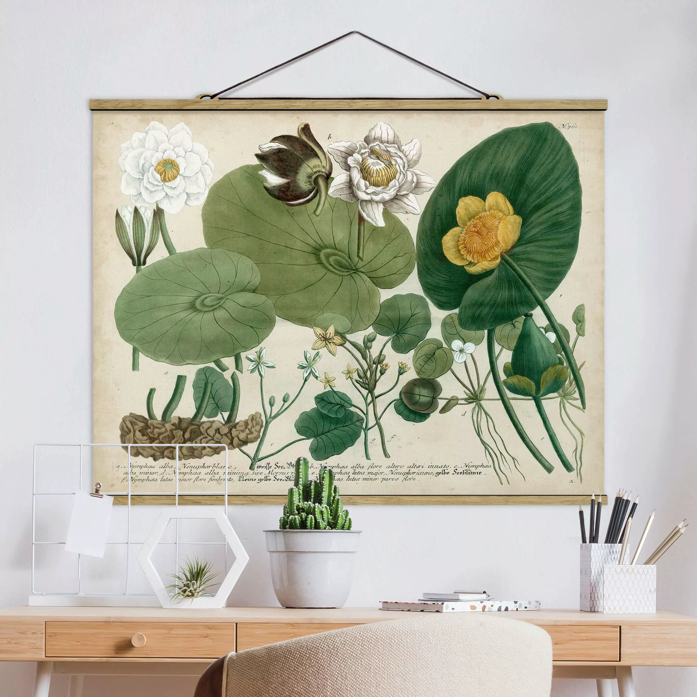 Stoffbild Blumen mit Posterleisten - Querformat Vintage Illustration Weiße günstig online kaufen