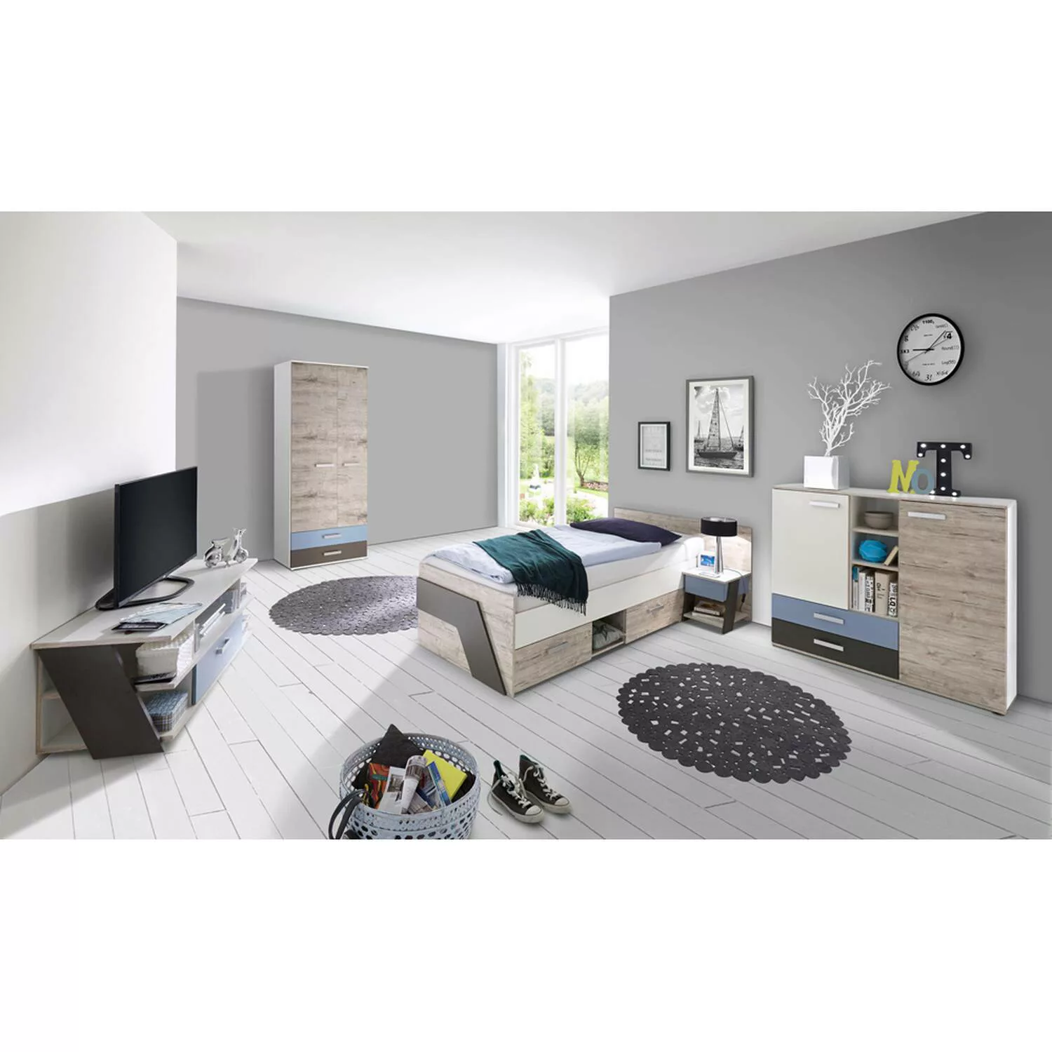 Jugendzimmer Set mit Bett 90x200 cm mit Kleiderschrank LEEDS-10 in Sandeich günstig online kaufen