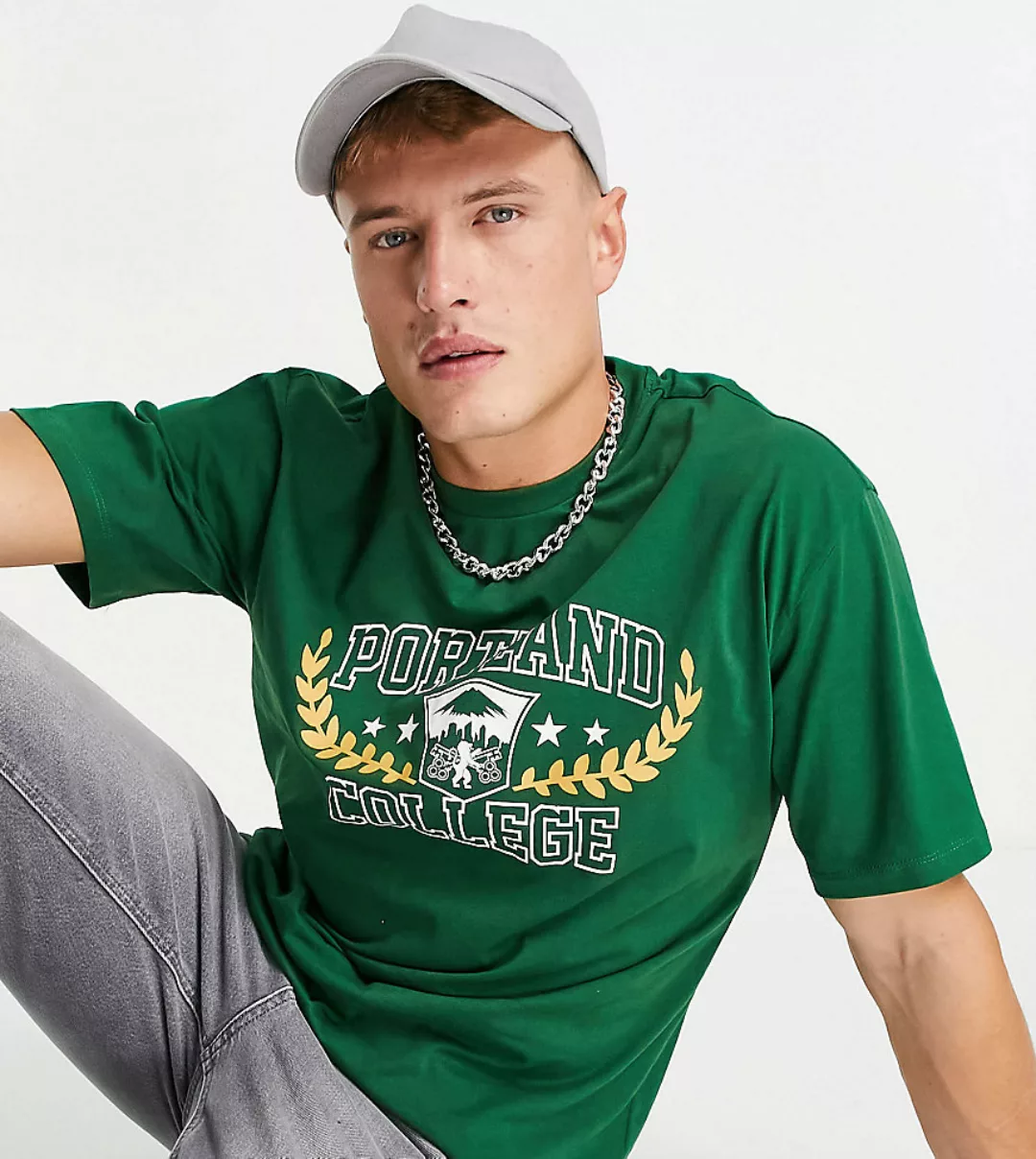 Only & Sons – T-Shirt in Übergröße mit Portland-Aufdruck in Grün – Exklusiv günstig online kaufen