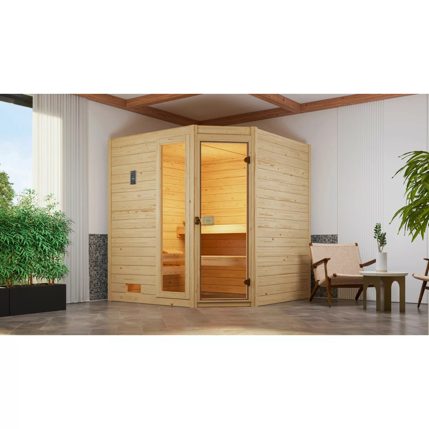 Weka Massivholzsauna Valida Eck 1.8 Sparset 5,4 kW Kompakt Glastür/Fenster günstig online kaufen