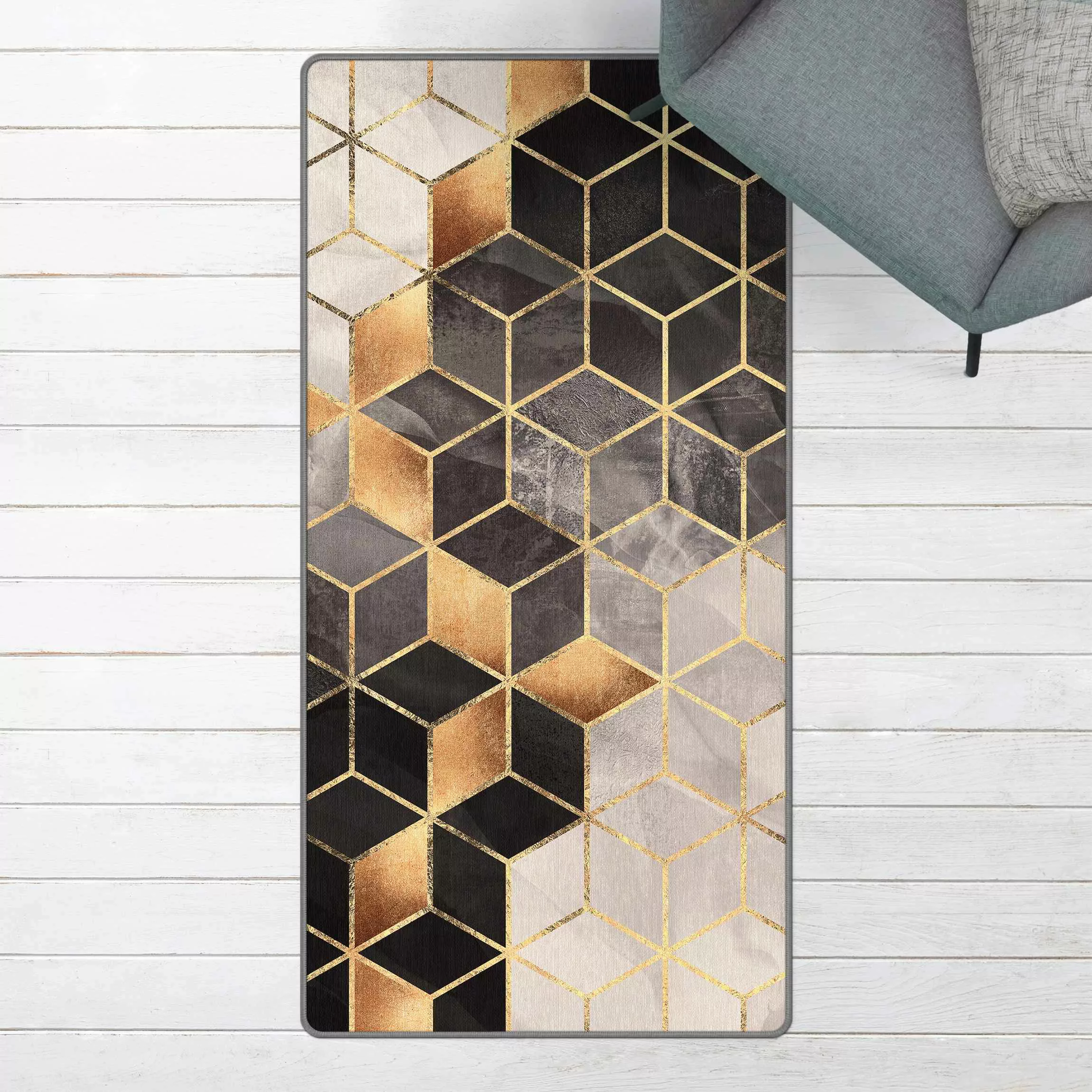 Teppich Schwarz Weiß goldene Geometrie günstig online kaufen