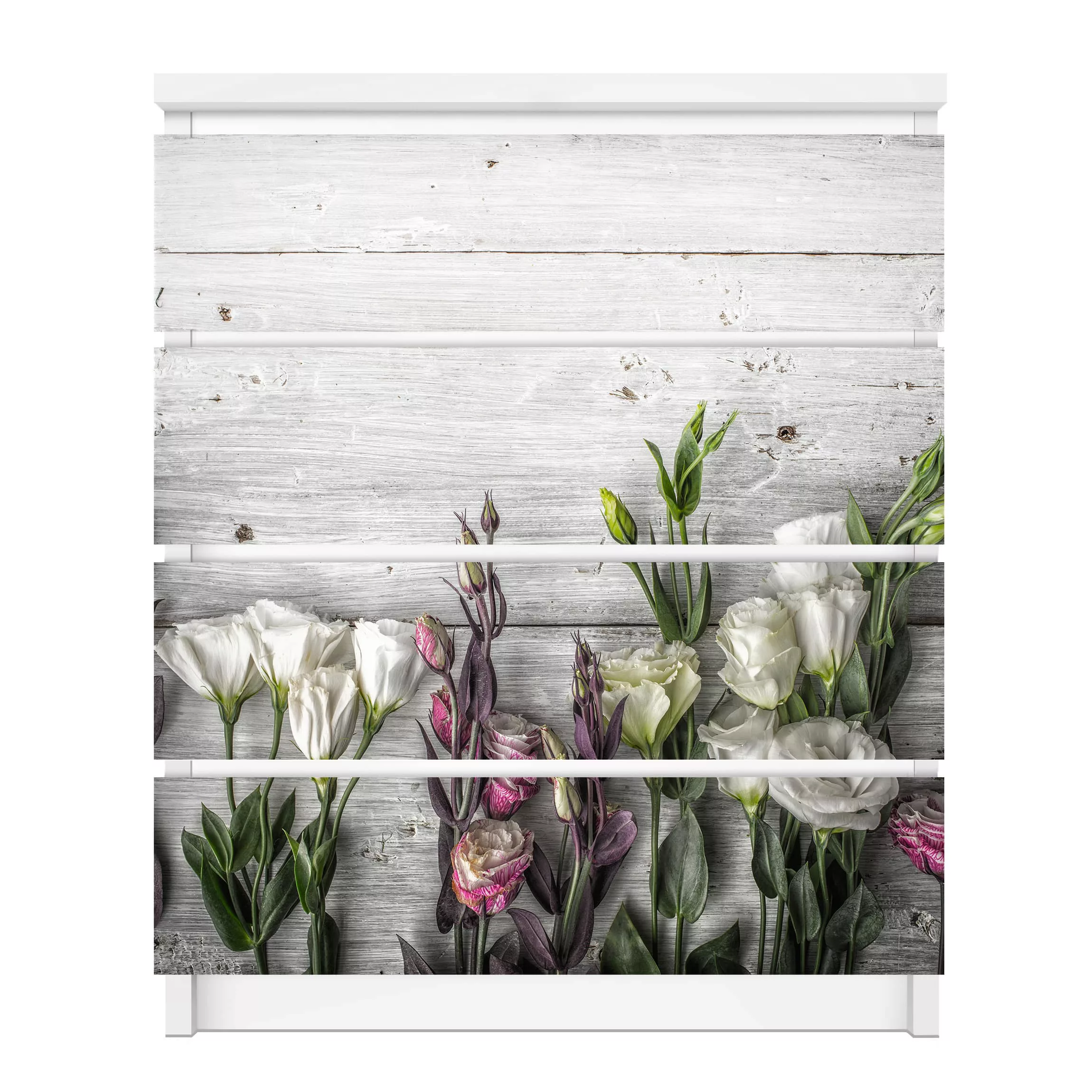 Möbelfolie für IKEA Malm Kommode 4 Schubladen Tulpen-Rose Shabby Holzoptik günstig online kaufen