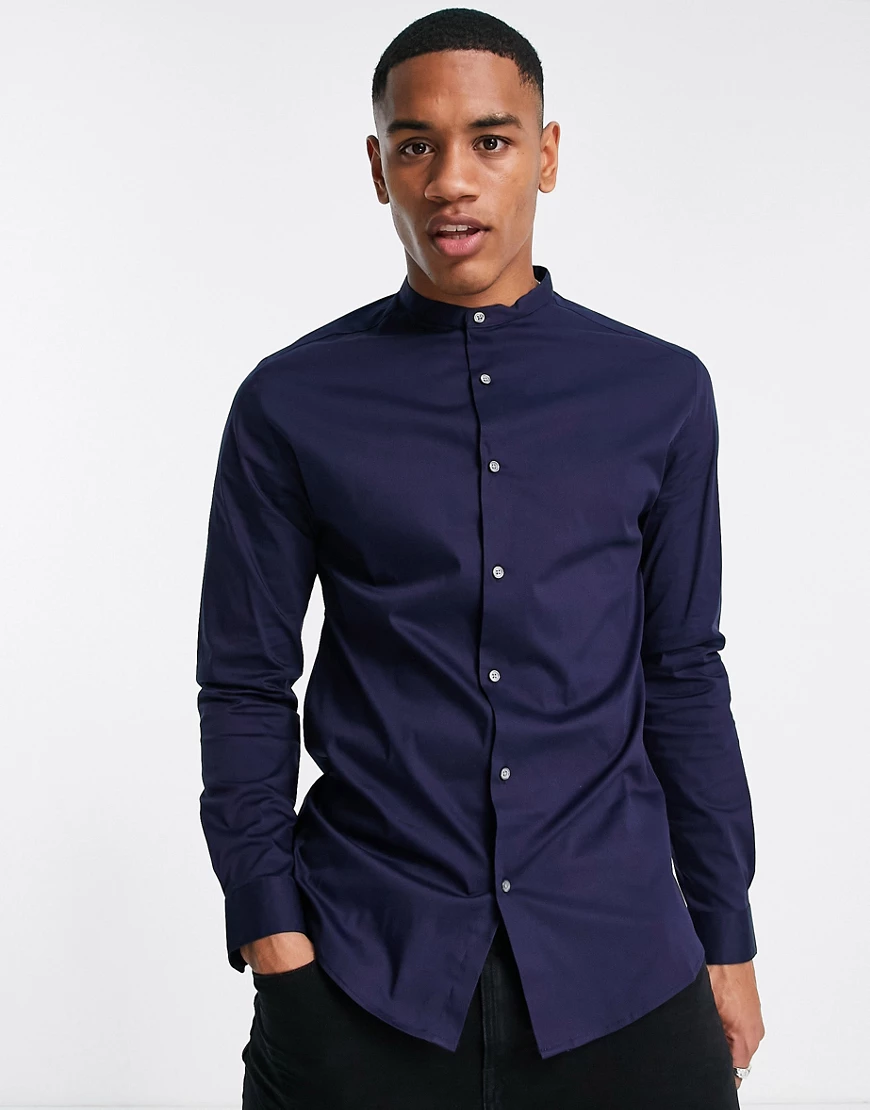 River Island – Enges Hemd in Navy mit Grandad-Kragen-Marineblau günstig online kaufen