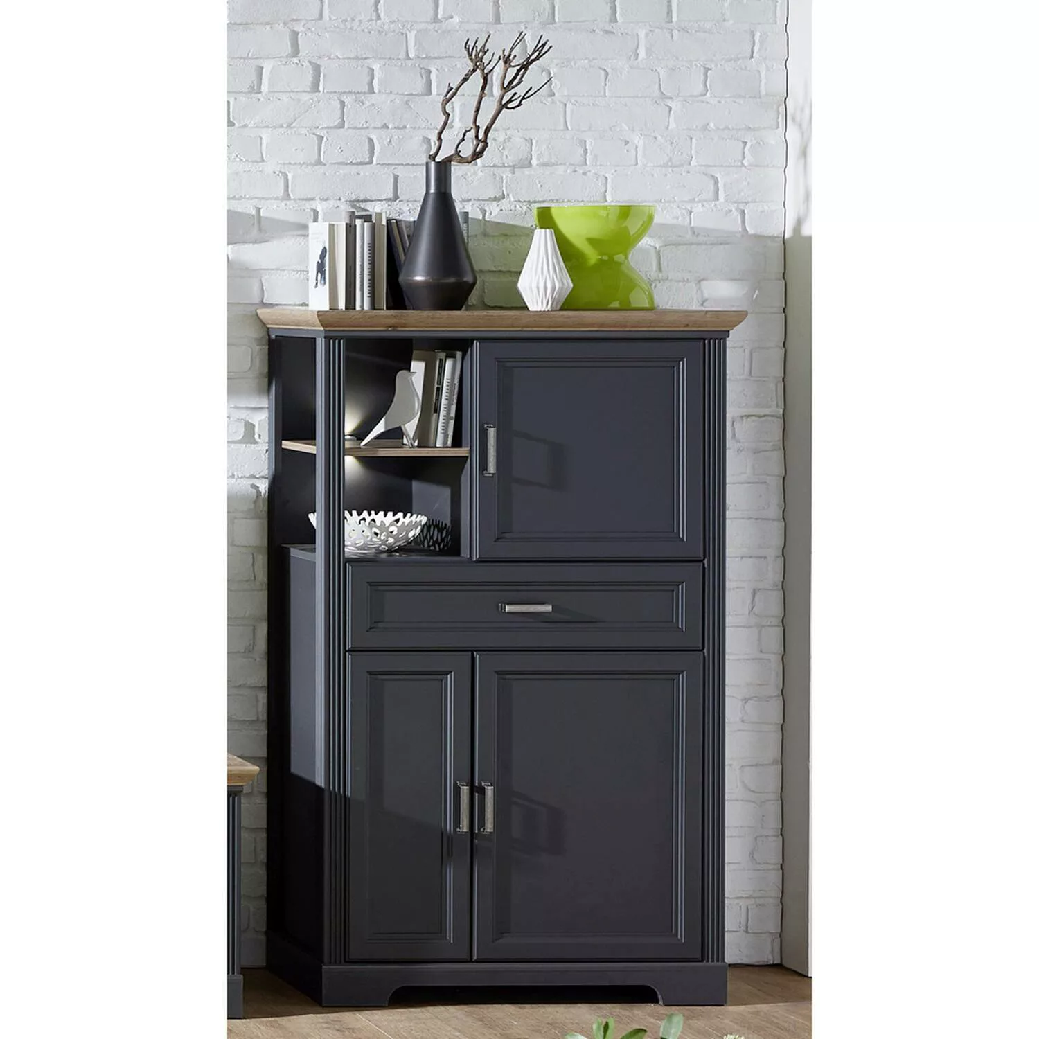 Lomadox Highboard JÜLICH-36 Landhaus Stil in Graphit und Artisan Eiche Nb. günstig online kaufen