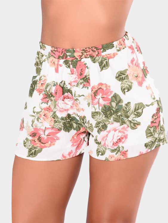 Weiße Shorts mit elastischem Bund und zufälligem Blumendruck günstig online kaufen