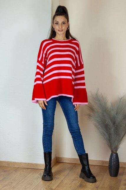 Lelü Fashion Strickpullover mit Trompetenärmel rot/rosa Streifen günstig online kaufen