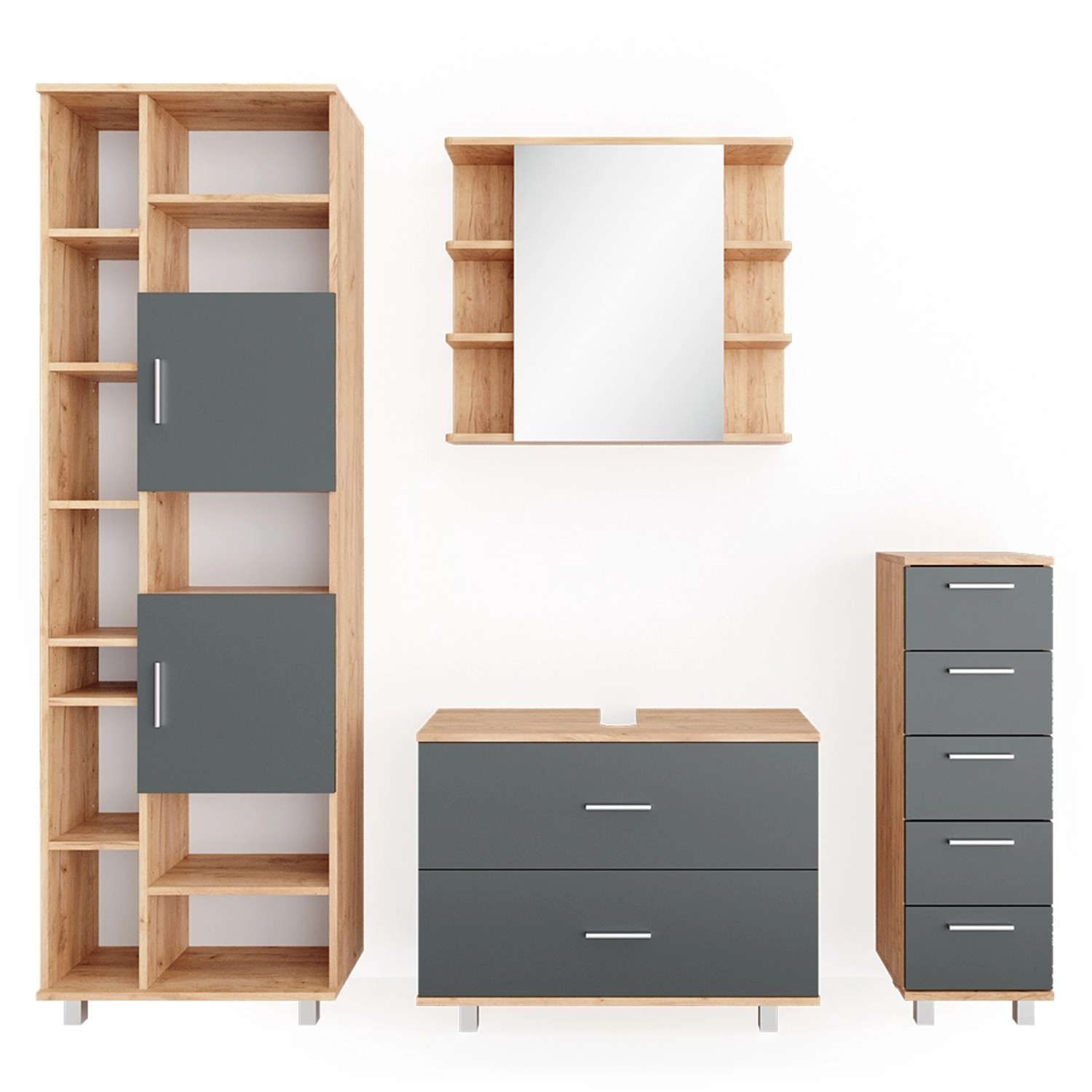 Vicco Badmöbel-Set Ilias Goldkraft Eiche/Anthrazit 4 Teile mit Hochschrank günstig online kaufen