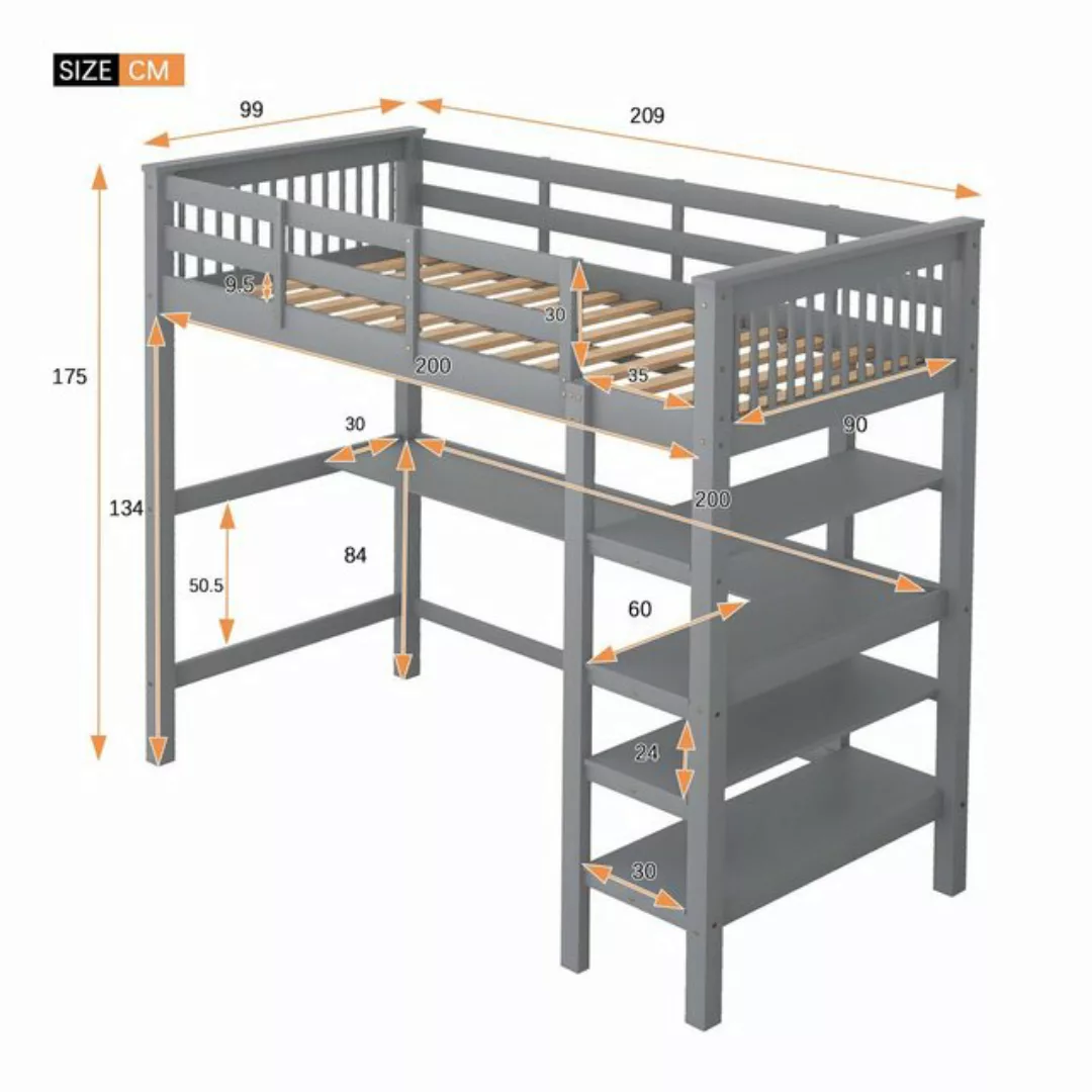 Odikalo Kinderbett 90/140x200 Hochbett mit Ablagefächer Unterbett Schreibti günstig online kaufen