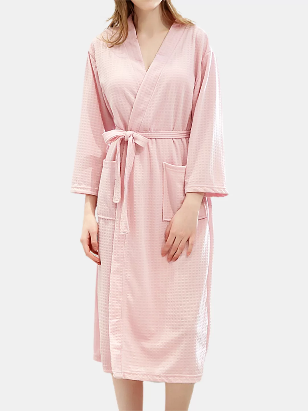Damen Reine Farbe Waffel V-Ausschnitt Doppeltaschen Roben Pyjama Mit Gürtel günstig online kaufen