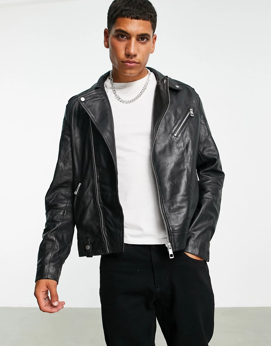 ASOS DESIGN – Schwarze Bikerjacke aus Leder günstig online kaufen