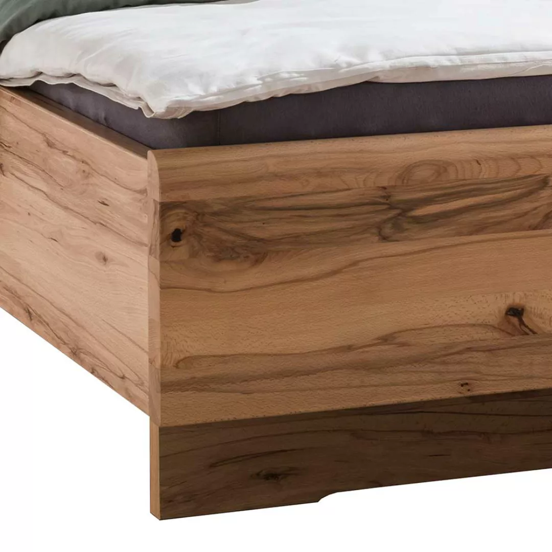 Großes Bett aus Kernbuche Massivholz Kunstleder in Beige günstig online kaufen