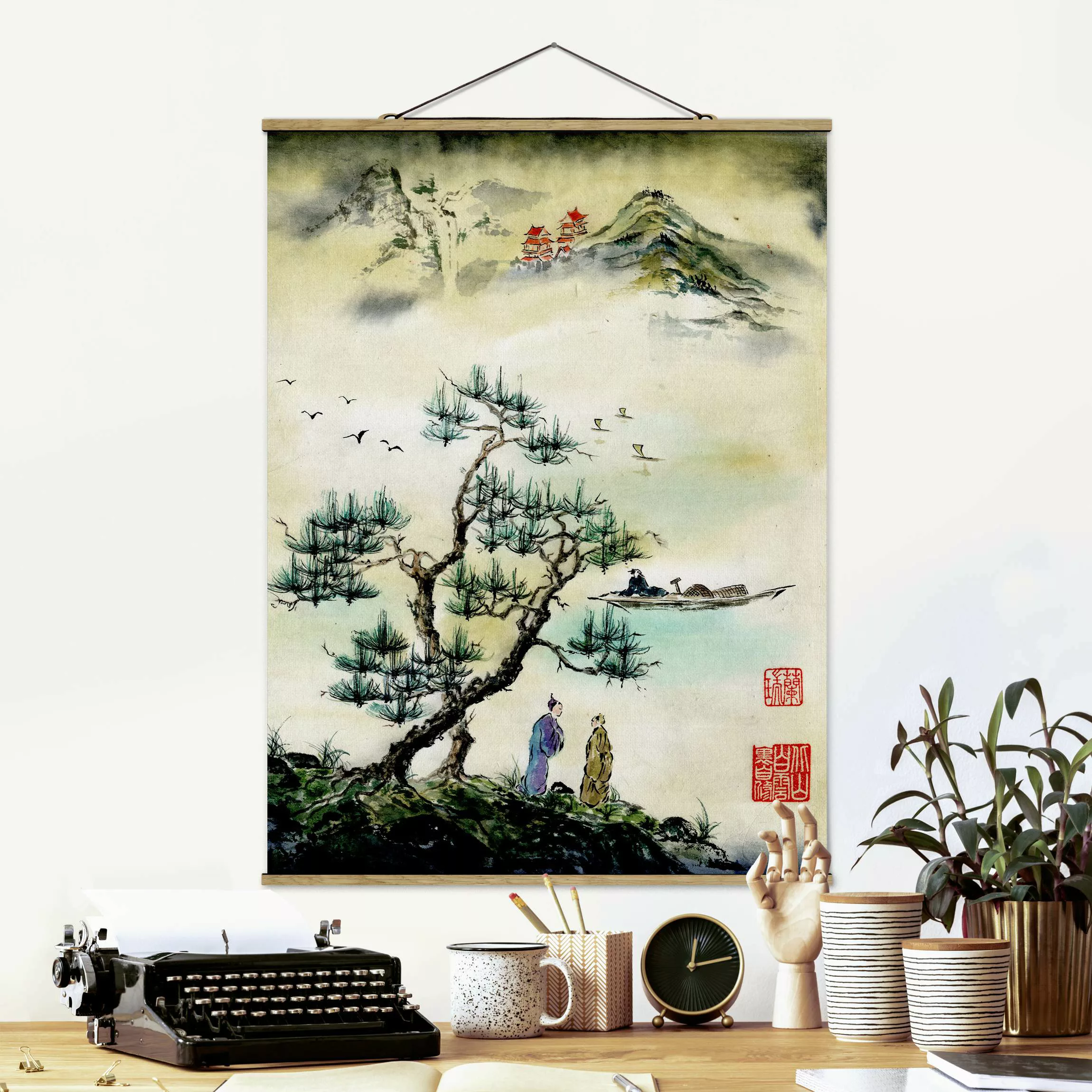Stoffbild Kunstdruck mit Posterleisten - Hochformat Japanische Aquarell Zei günstig online kaufen