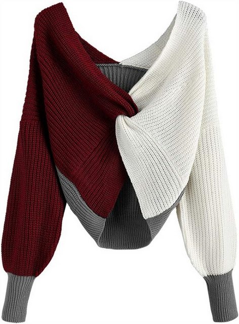 RUZU UG Strickpullover Damen Pullover Elegant V Ausschnitt Farbblock Strick günstig online kaufen