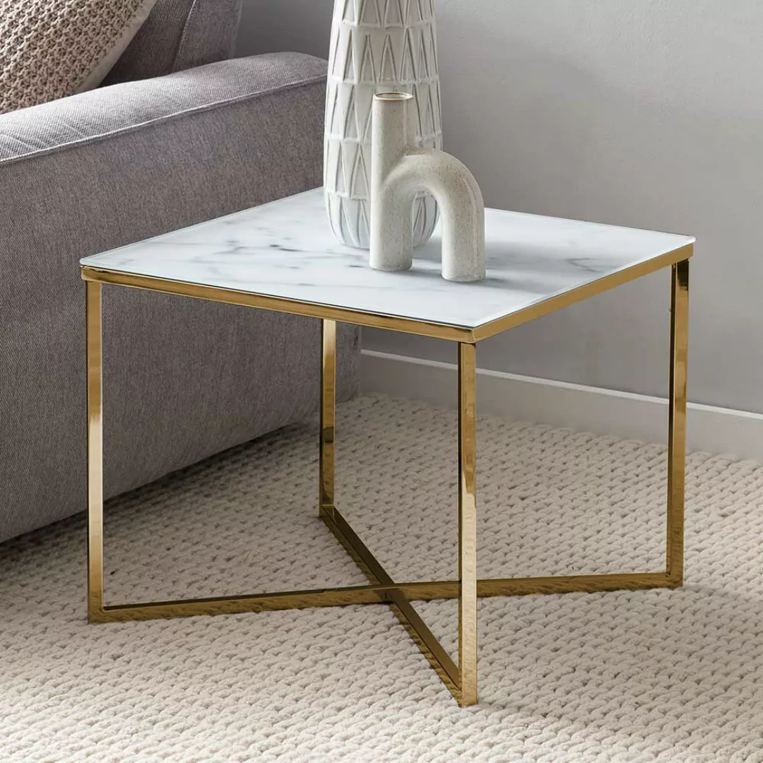 Beistelltisch Sofa in Weiß und Goldfarben quadratischer Tischplatte günstig online kaufen