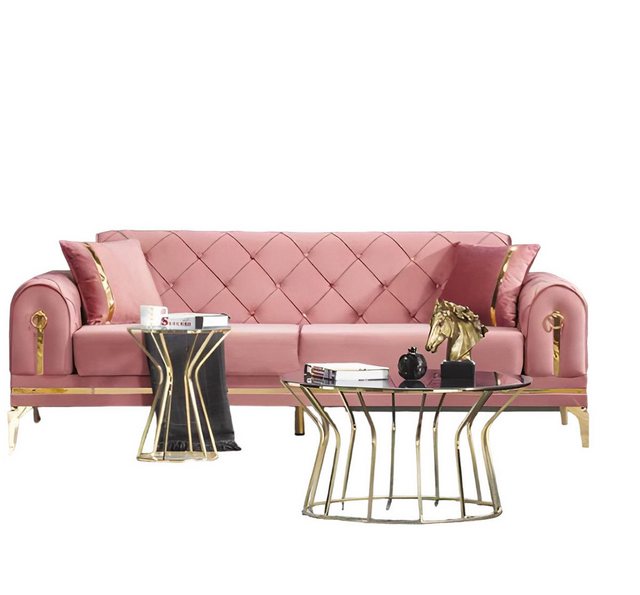 JVmoebel 3-Sitzer Rosa Chesterfield Textilcouch Designer 3-Sitzer Edelstahl günstig online kaufen