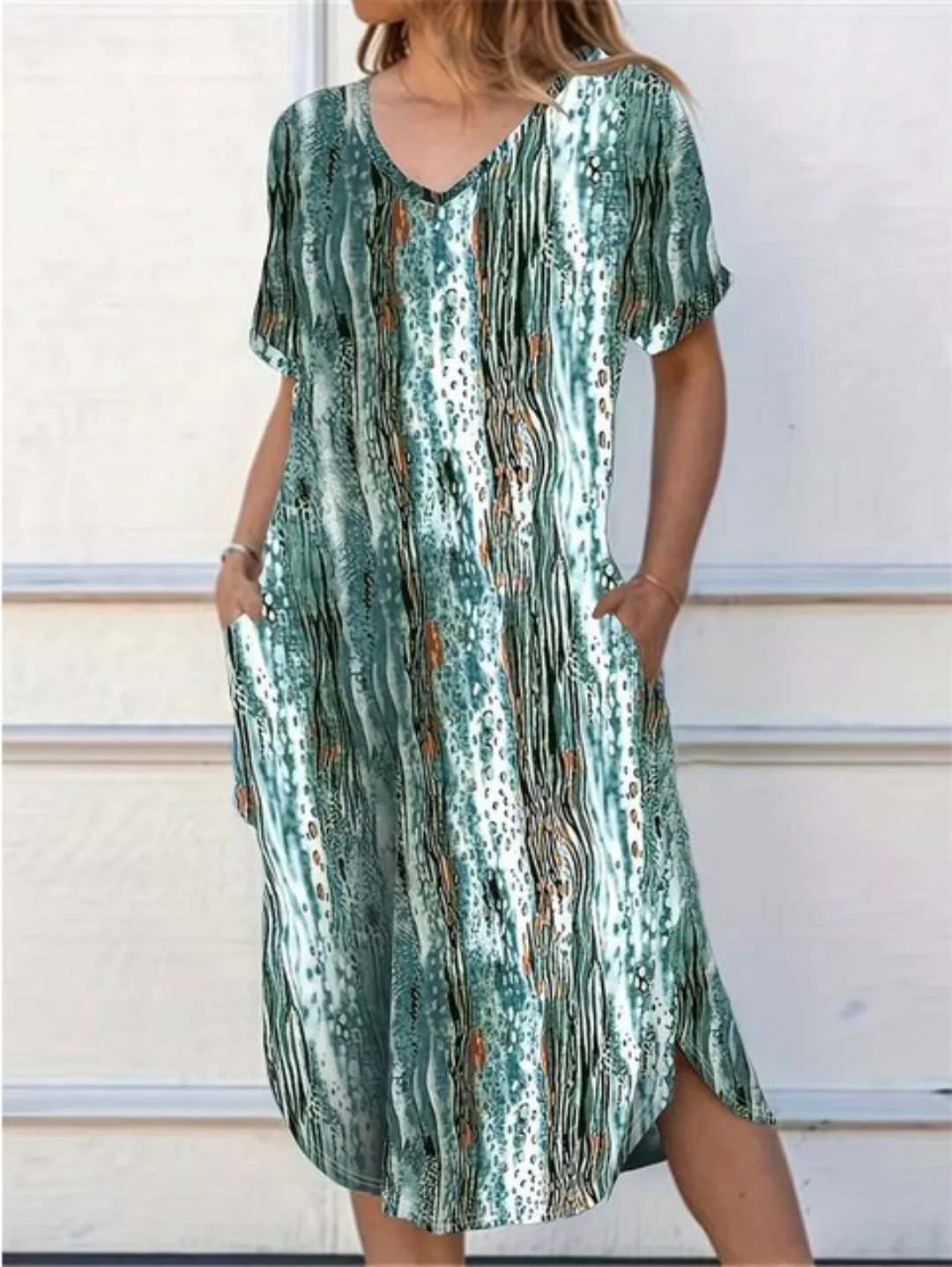 RUZU UG Dirndl Kurzärmliges, bedrucktes Kleid mit V-Ausschnitt und weitem S günstig online kaufen