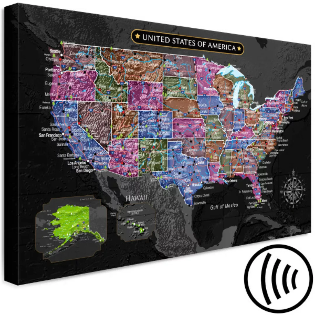 Leinwandbild Mehrfarbige Landkarte von Nordamerika auf einem schwarzen Hint günstig online kaufen