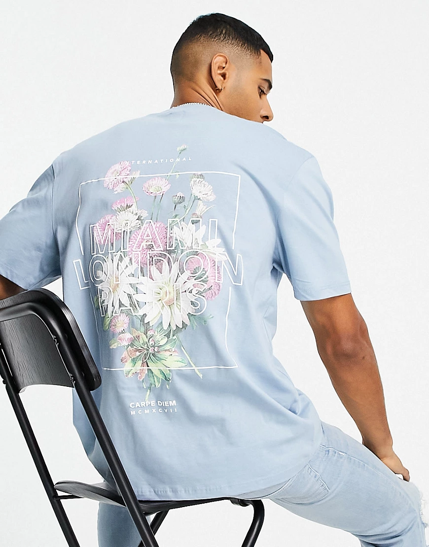River Island – T-Shirt mit „Miami“-Blumen-Print auf dem Rücken in Blau günstig online kaufen