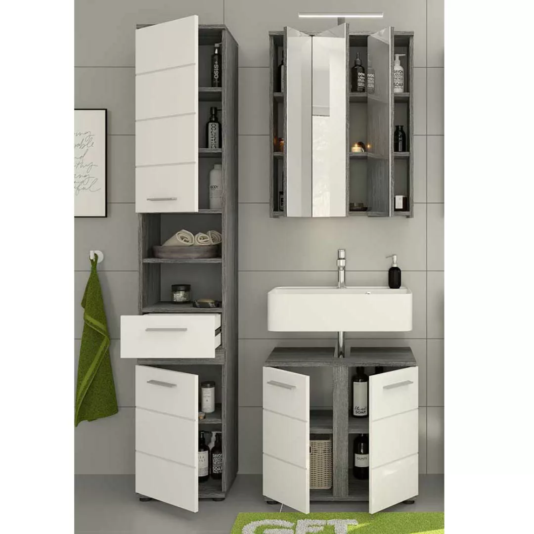 Gäste WC Möbel mit Spiegelschrank Weiß und Grau (dreiteilig) günstig online kaufen
