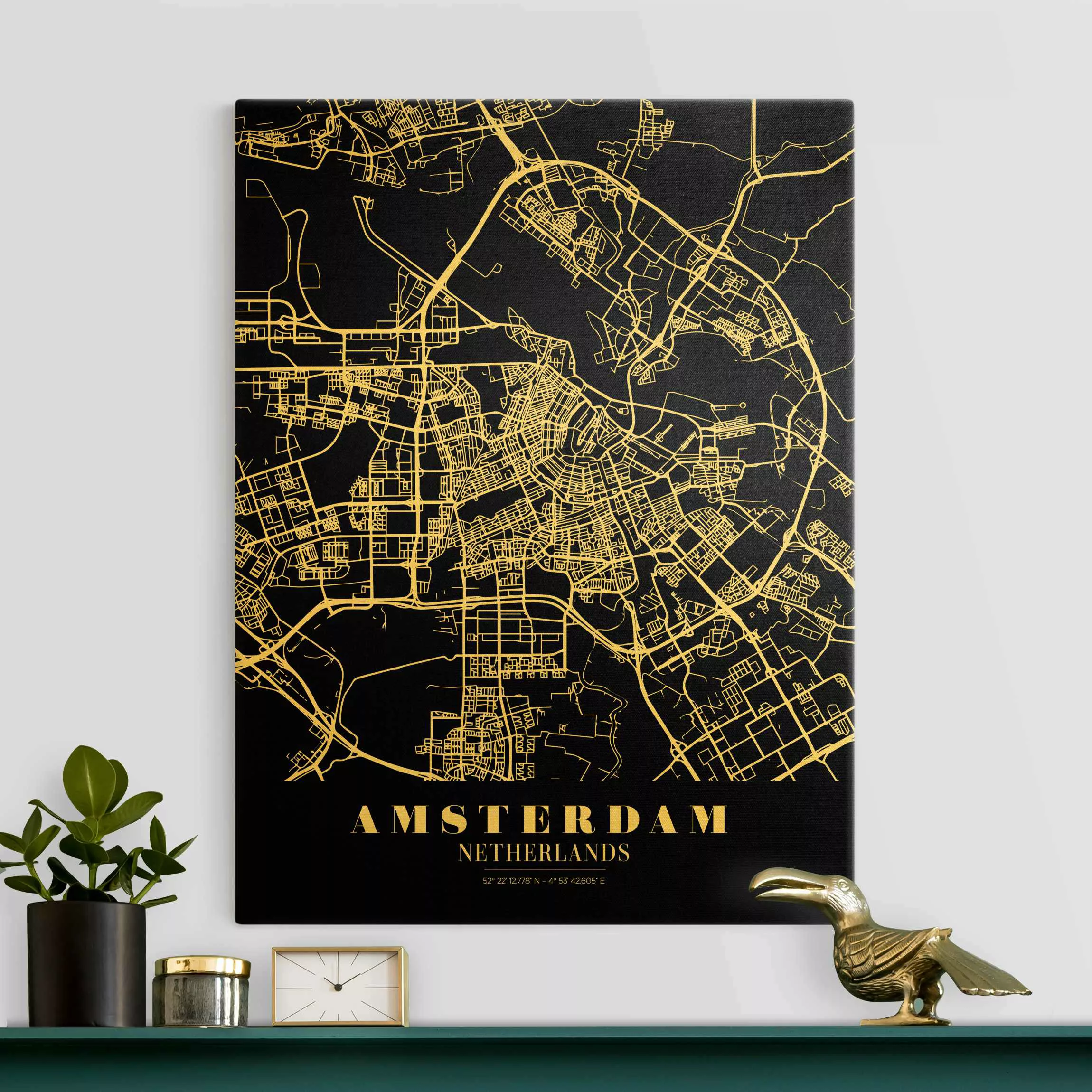 Leinwandbild Gold Stadtplan Amsterdam - Klassik Schwarz günstig online kaufen