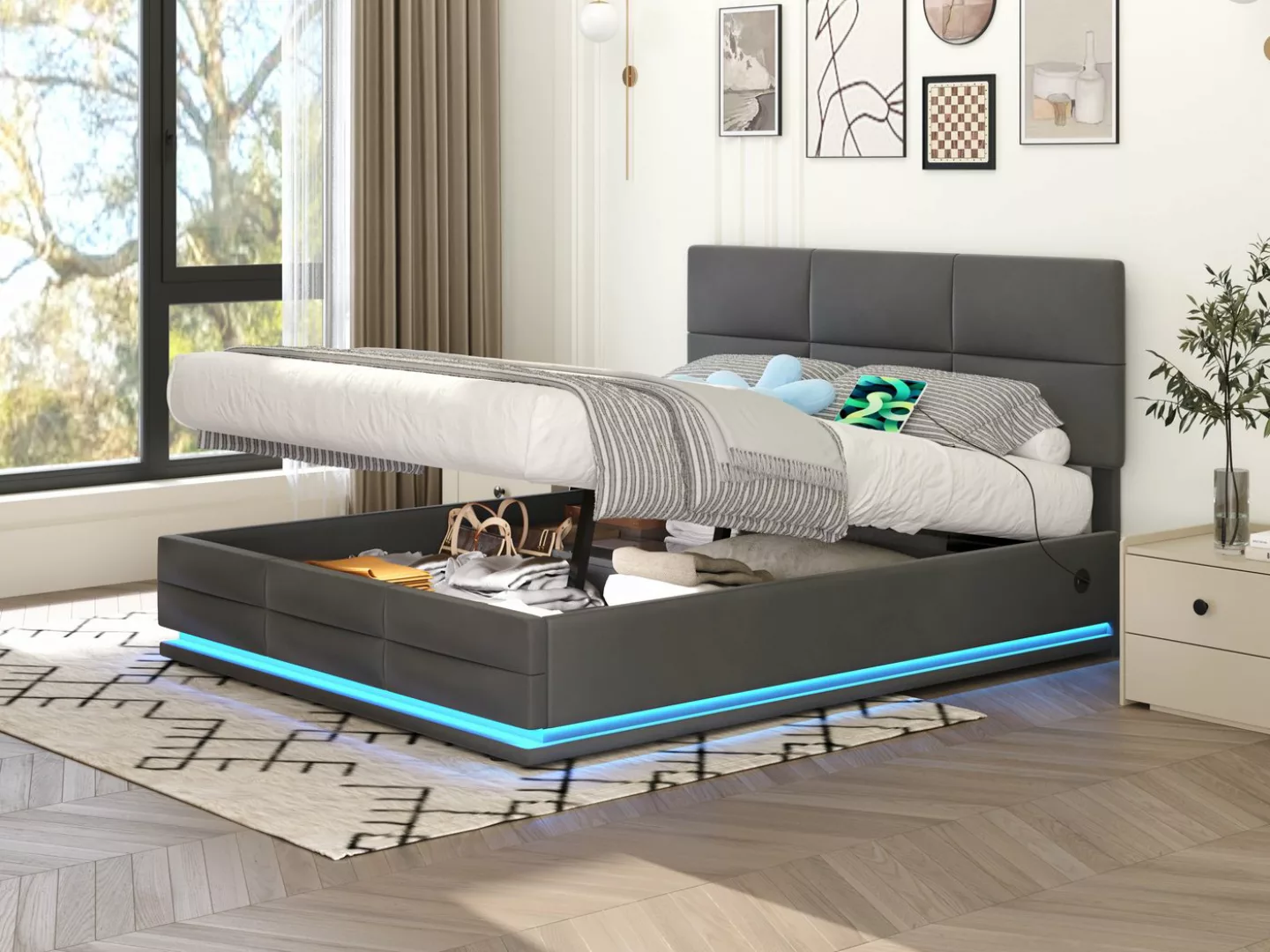 Merax Polsterbett, mit Bettkasten und LED, Stauraumbett 140x200cm, Doppelbe günstig online kaufen