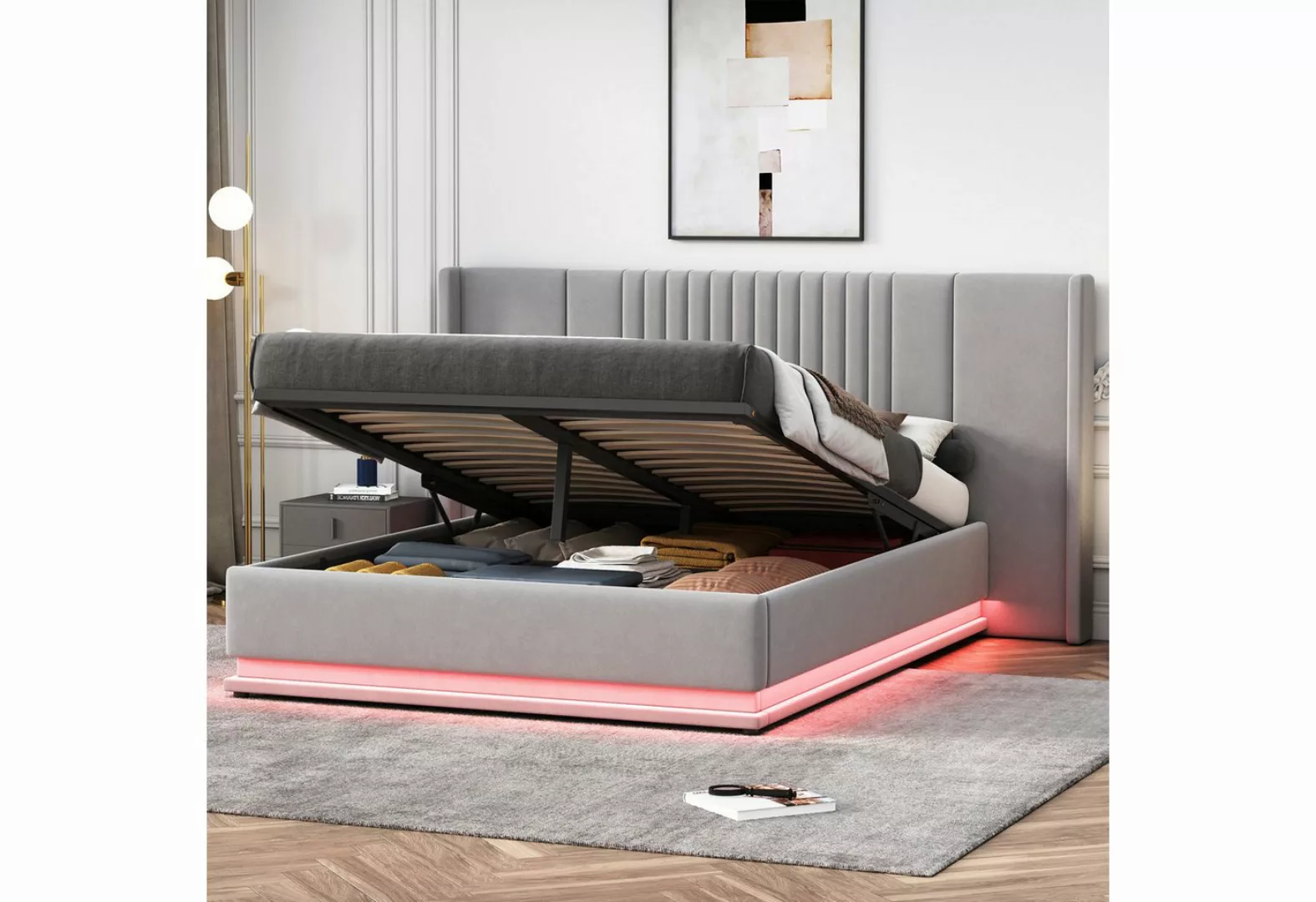 Flieks Polsterbett, LED hydraulisches Doppelbett 140x200cm mit verlängertem günstig online kaufen