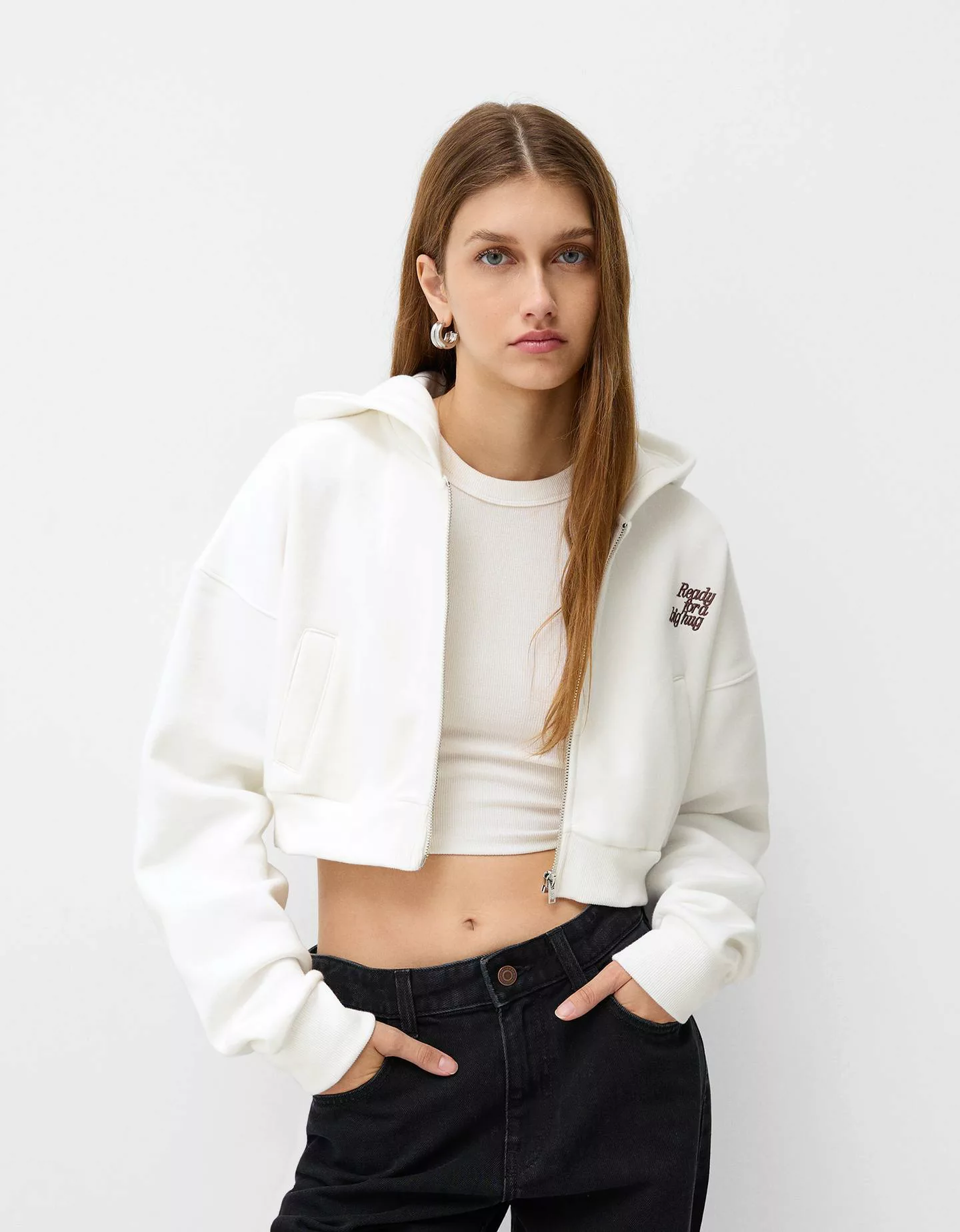 Bershka Cropped-Hoodie Mit Reißverschluss Damen Xs Grbrochenes Weiss günstig online kaufen