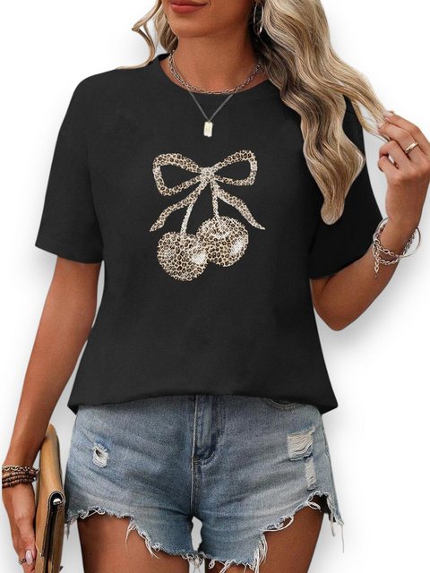 PYL Rundhalsshirt Damen Sommer Kurzarmbluse Locker Leopard Print-Shirt günstig online kaufen