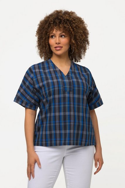 Ulla Popken Longbluse Bluse Karomuster Oversized V-Ausschnitt Halbarm günstig online kaufen